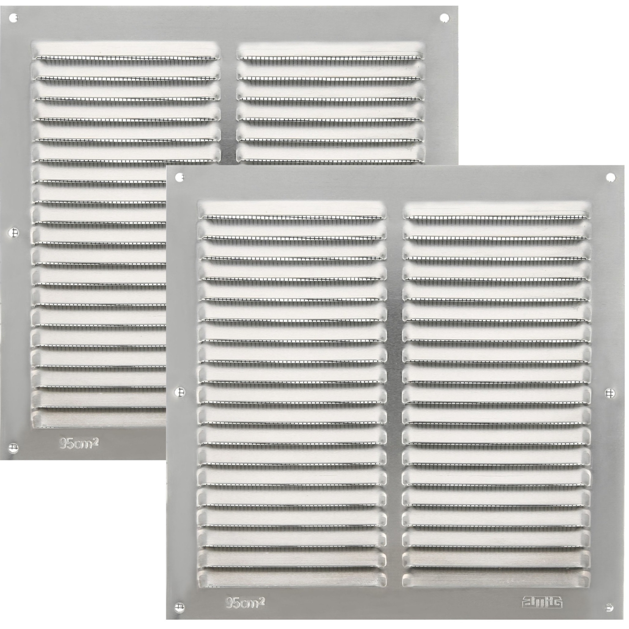 AMIG Ventilatie/muurrooster met gaas - 2x - 200 x 200mm - aluminium - zilver - schoepenrooster -
