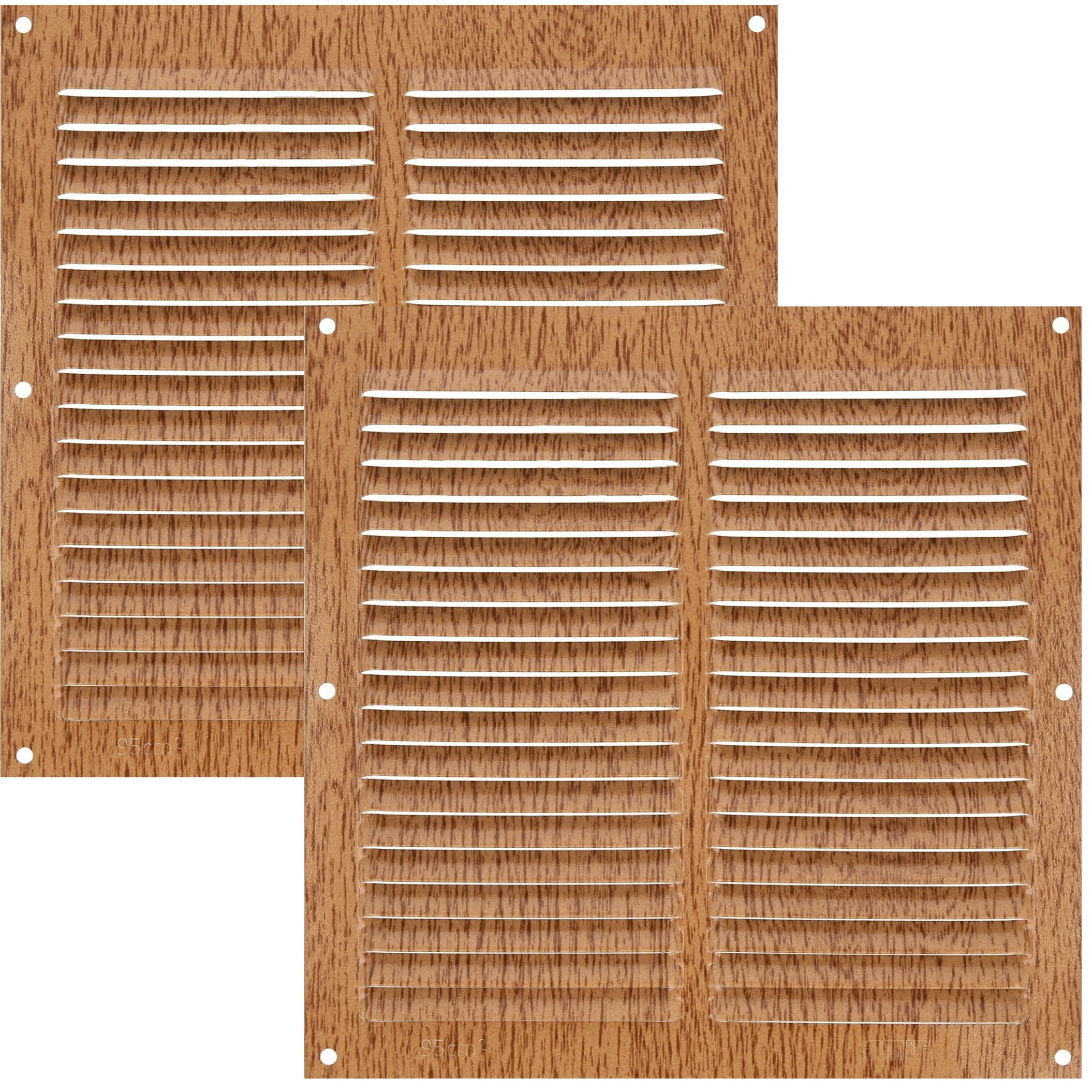 AMIG Ventilatierooster/muurrooster - 2x - 200 x 200mm - aluminium - beukenhout look - schoepenrooste -