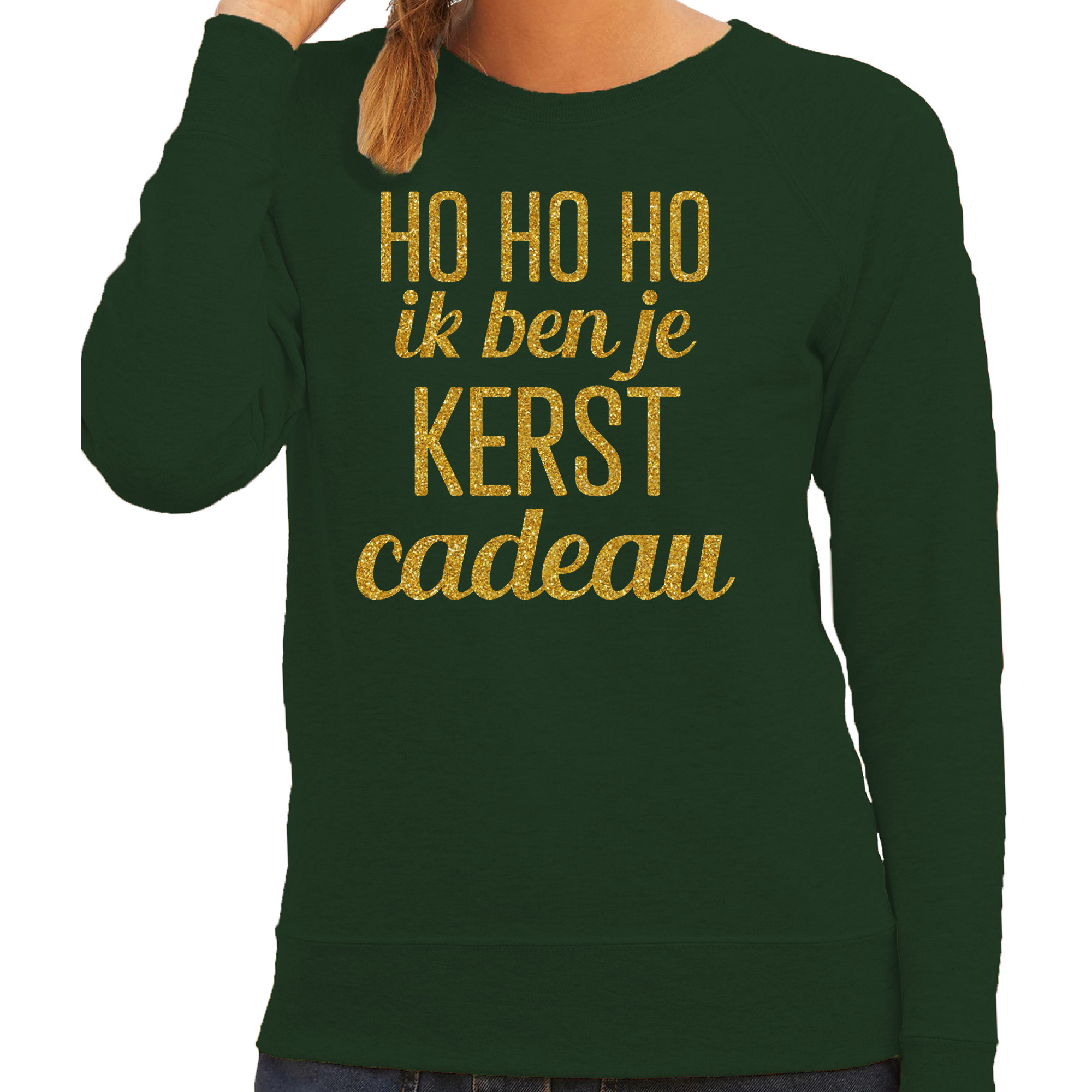 Foute kersttrui/sweater voor dames - Hohoho kerst cadeau - groen - glitter goud L -