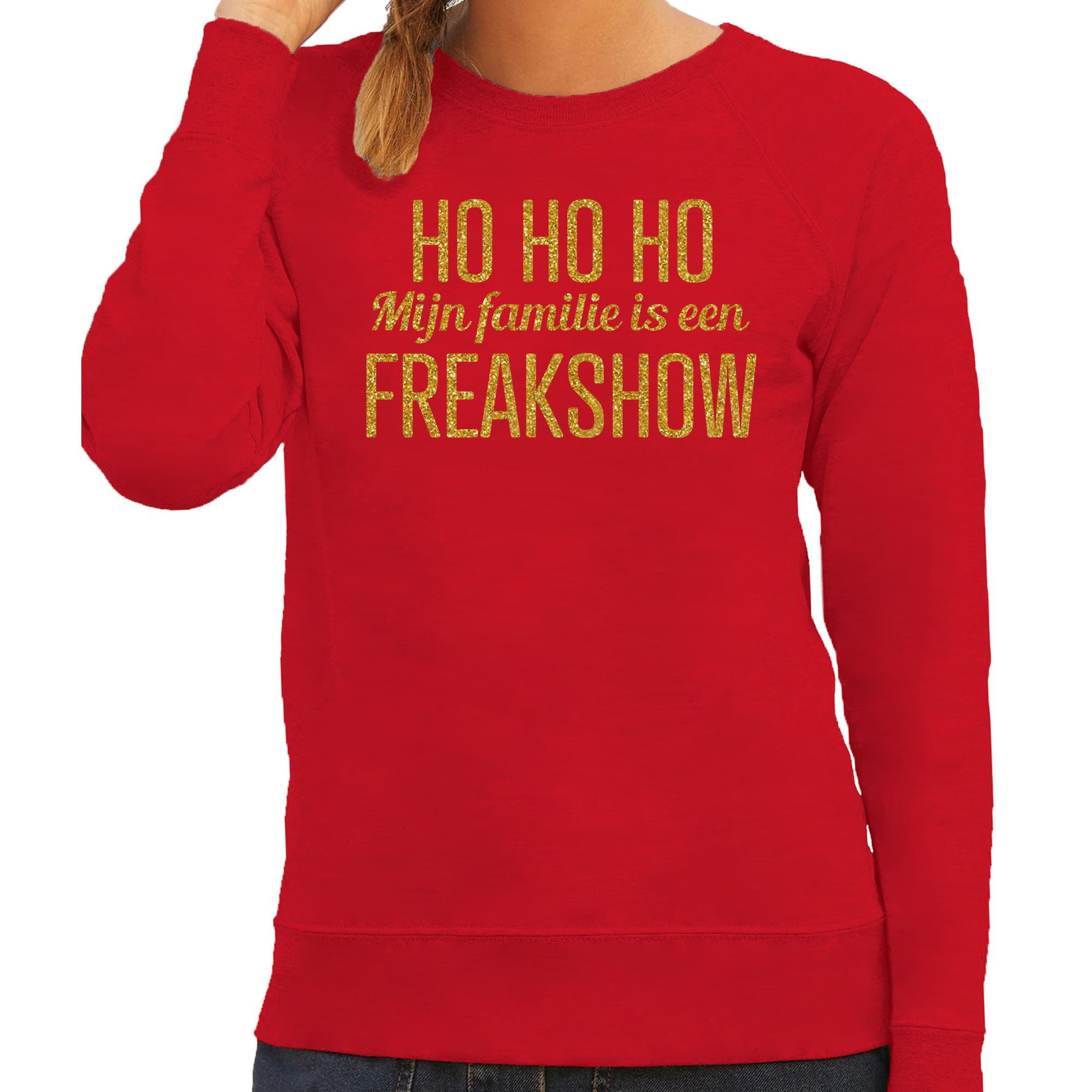 Foute kersttrui/sweater voor dames - Hohoho freak show - rood - glitter goud XL -