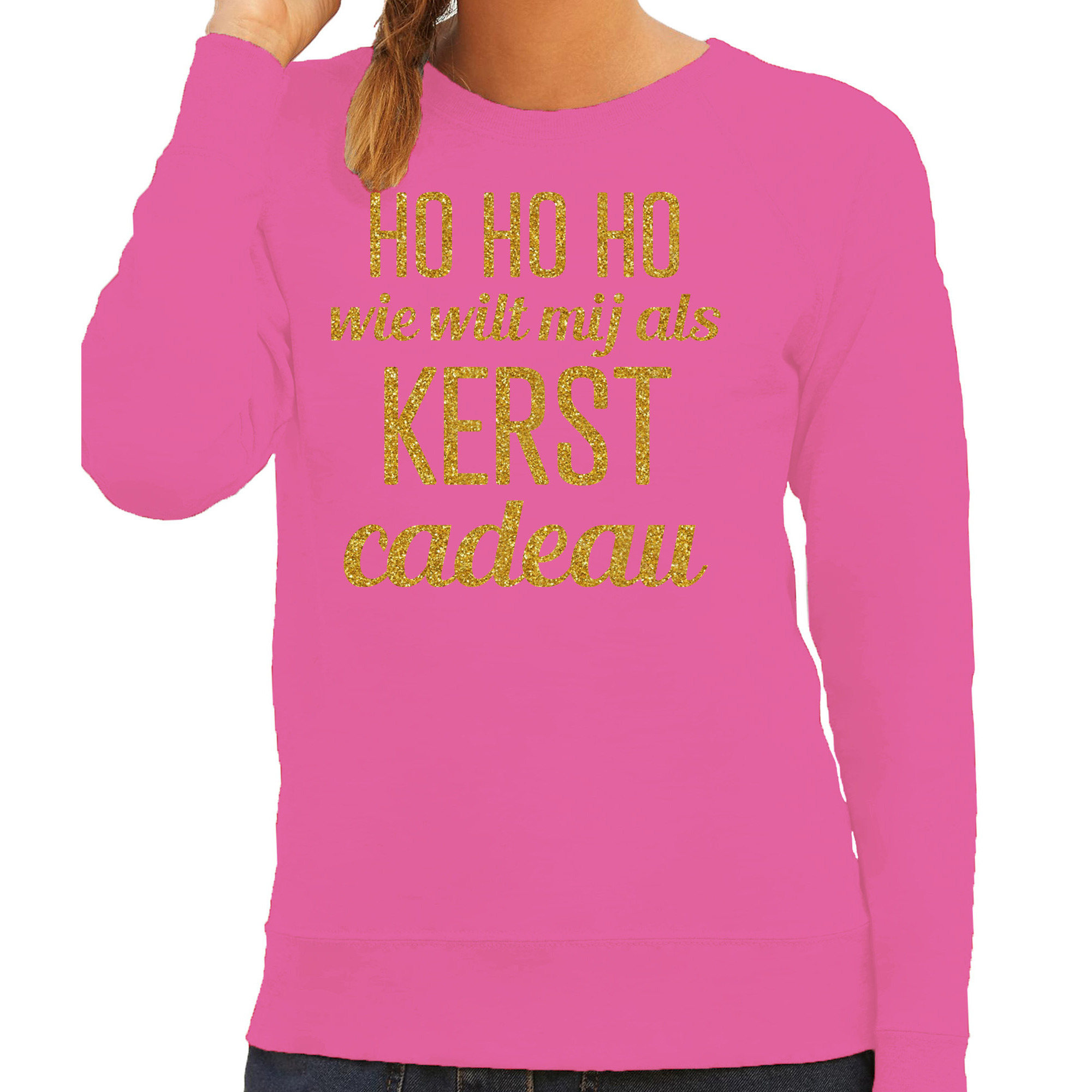 Foute kersttrui/sweater voor dames - Hohoho kerst cadeau - roze - glitter goud S -