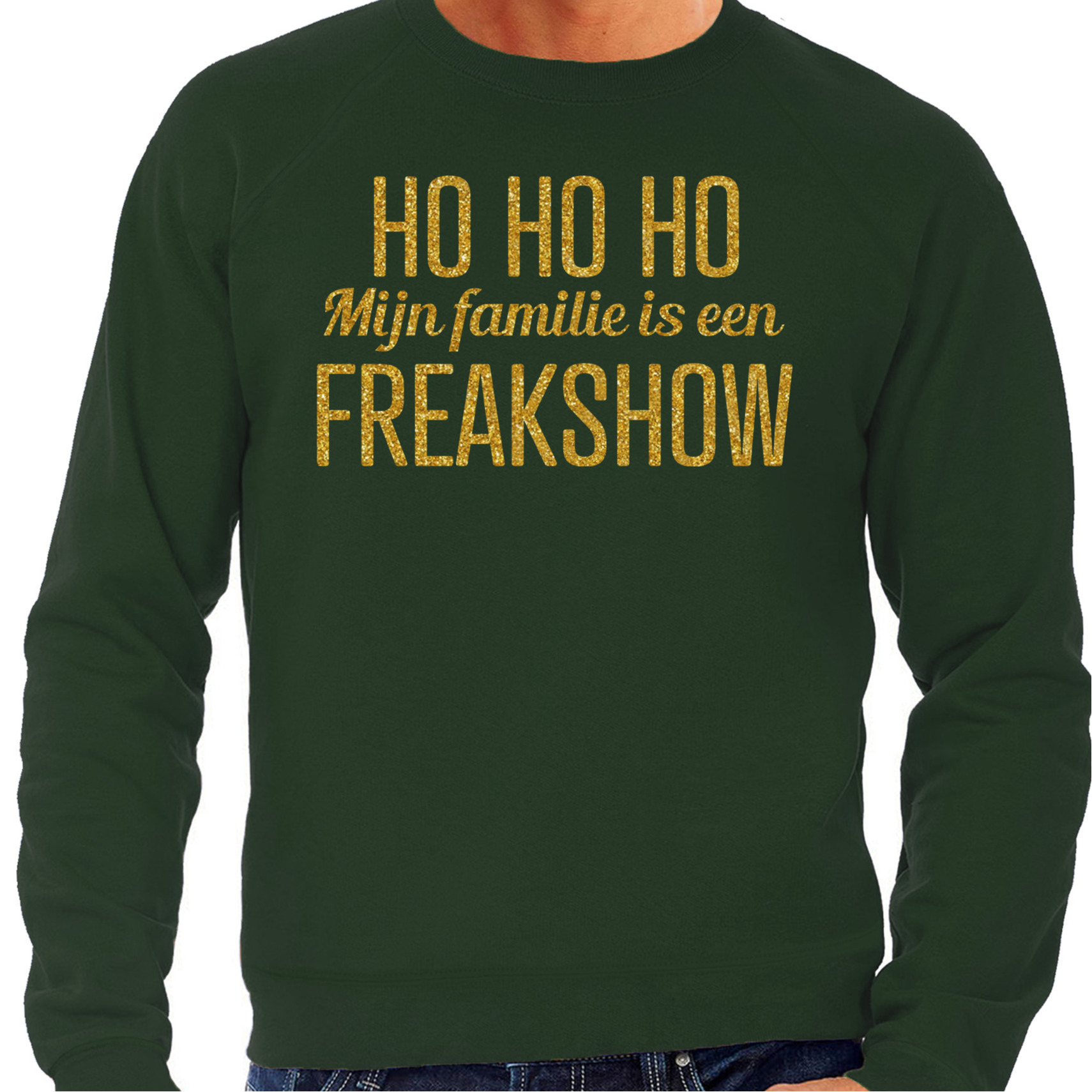 Foute kersttrui/sweater voor heren - Hohoho freak show - groen - glitter goud 2XL -