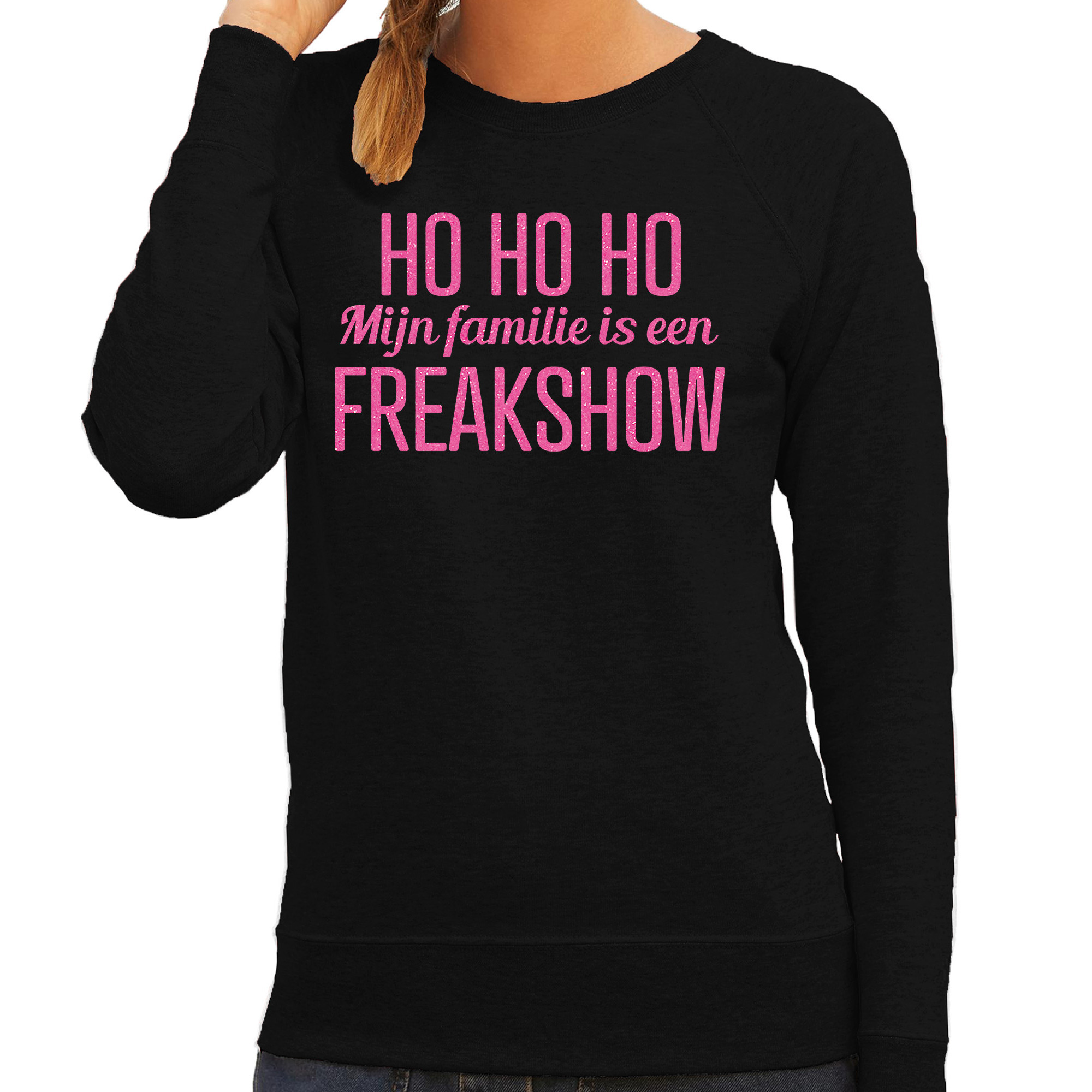 Foute kersttrui/sweater voor dames - HoHoHo freak show - zwart - glitter roze S -