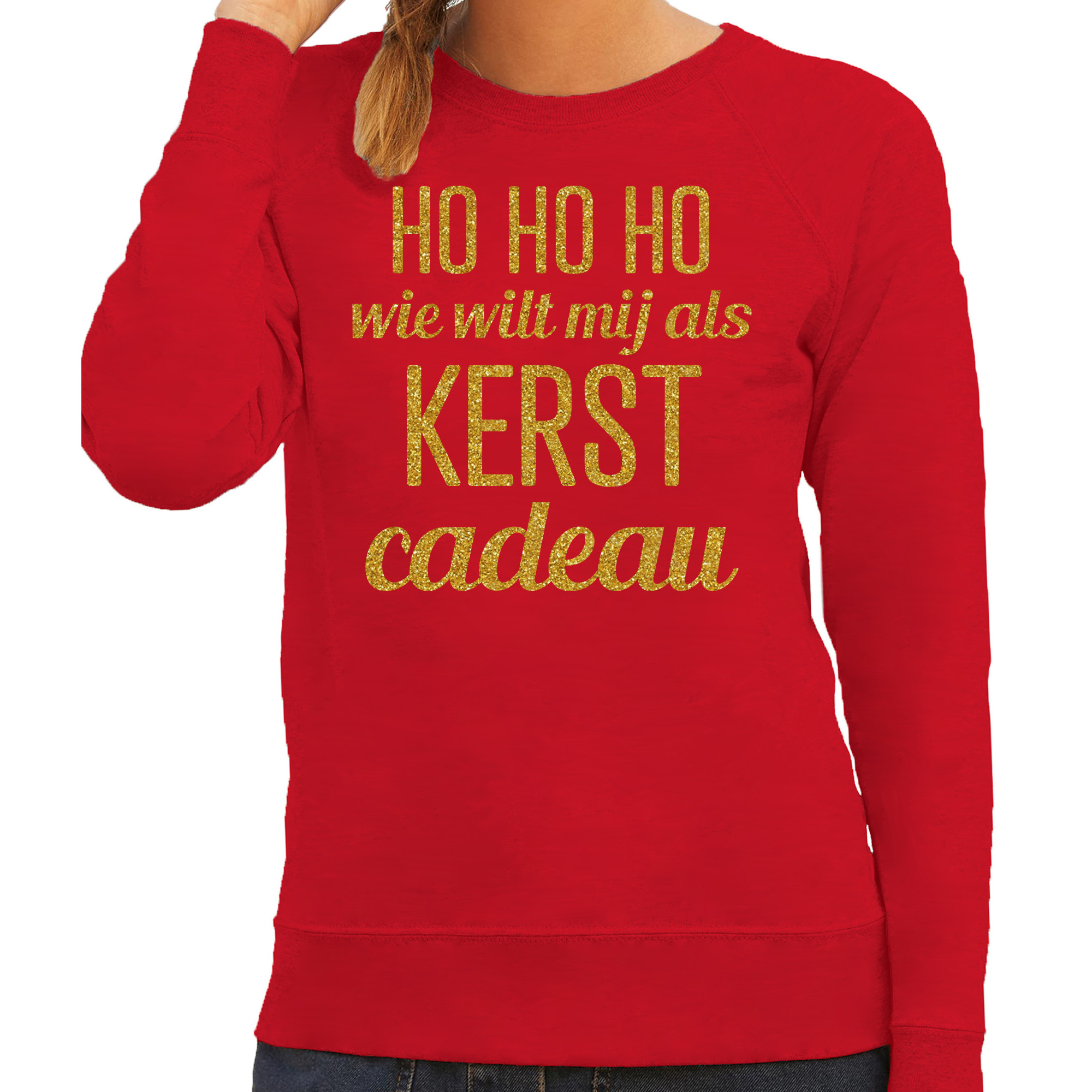 Foute kersttrui/sweater voor dames - Hohoho kerst cadeau - rood - glitter goud XL -