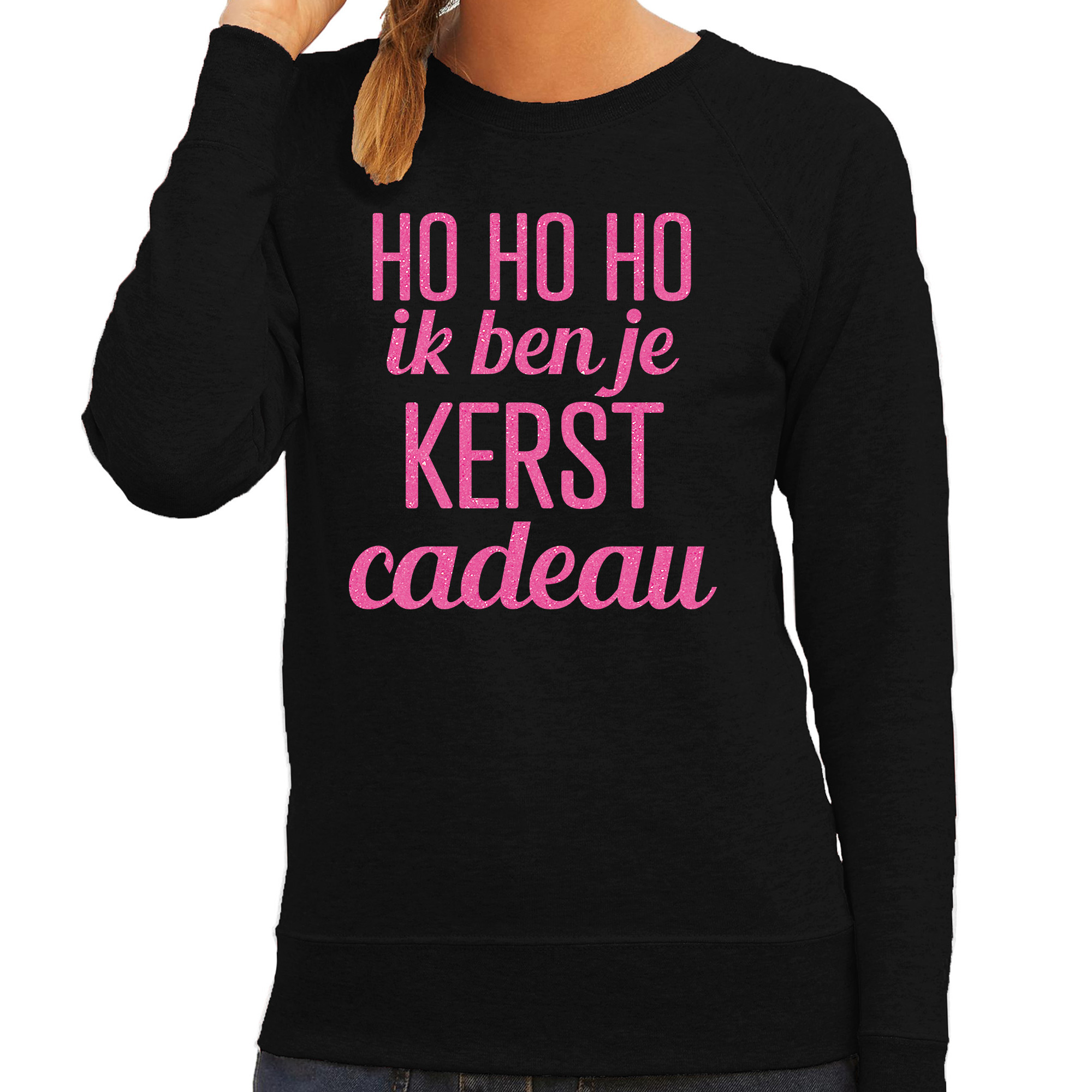 Foute kersttrui/sweater voor dames - HoHoHo kerst cadeau - zwart - glitter roze M -