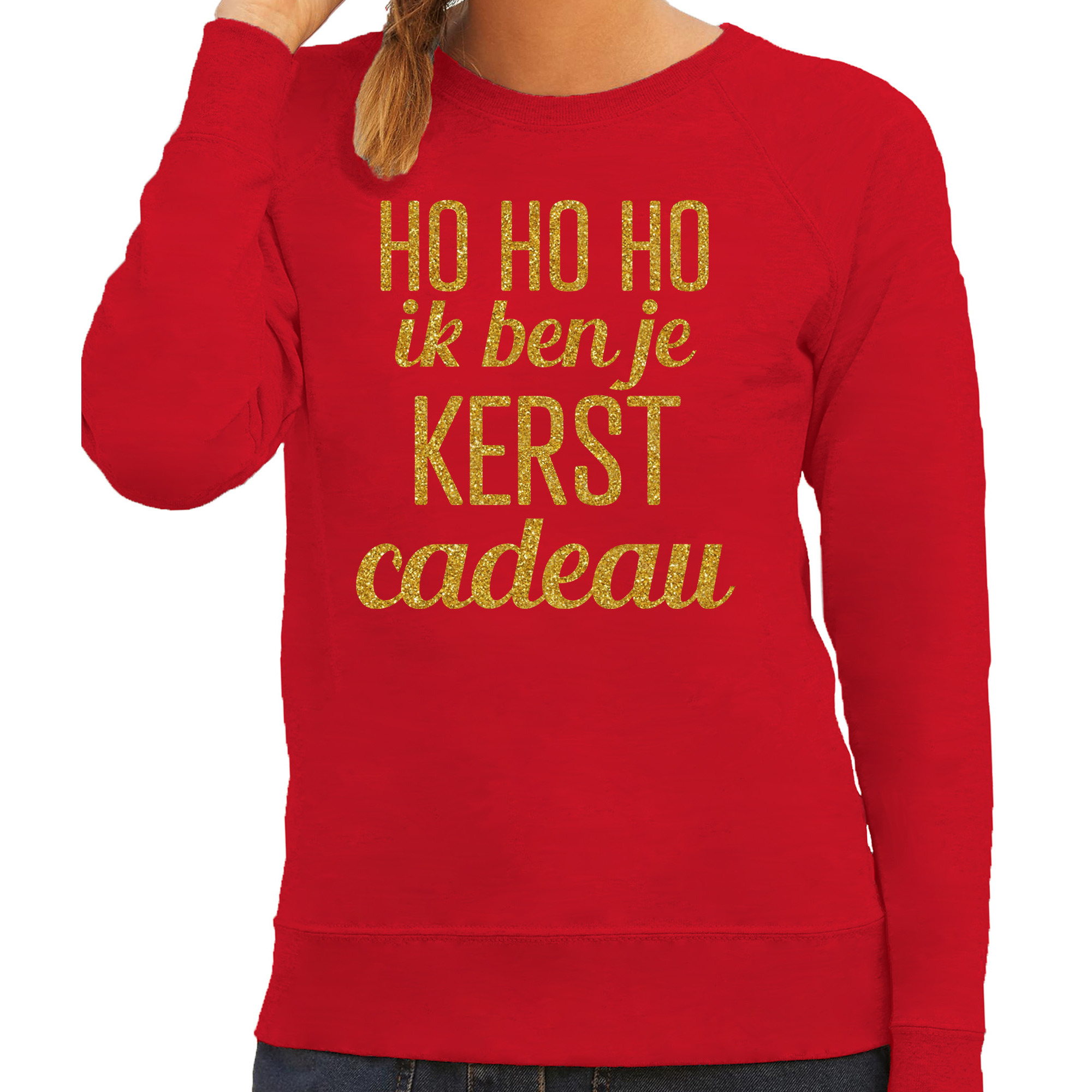 Foute kersttrui/sweater voor dames - Hohoho kerst cadeau - rood - glitter goud 2XL -