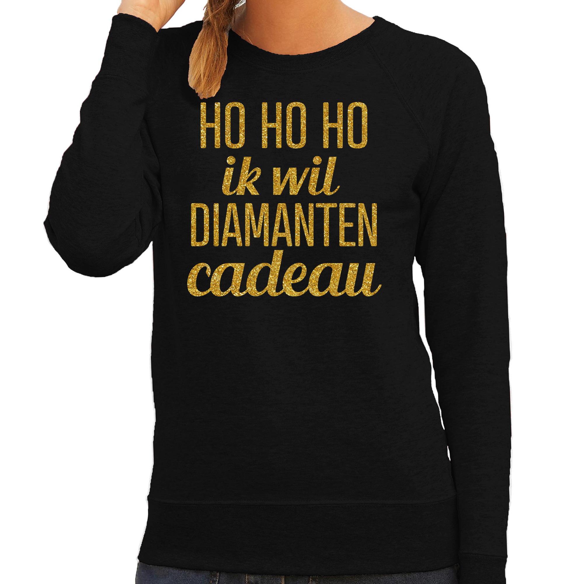 Foute kersttrui/sweater voor dames - Hohoho diamanten cadeau - zwart - glitter goud 2XL -