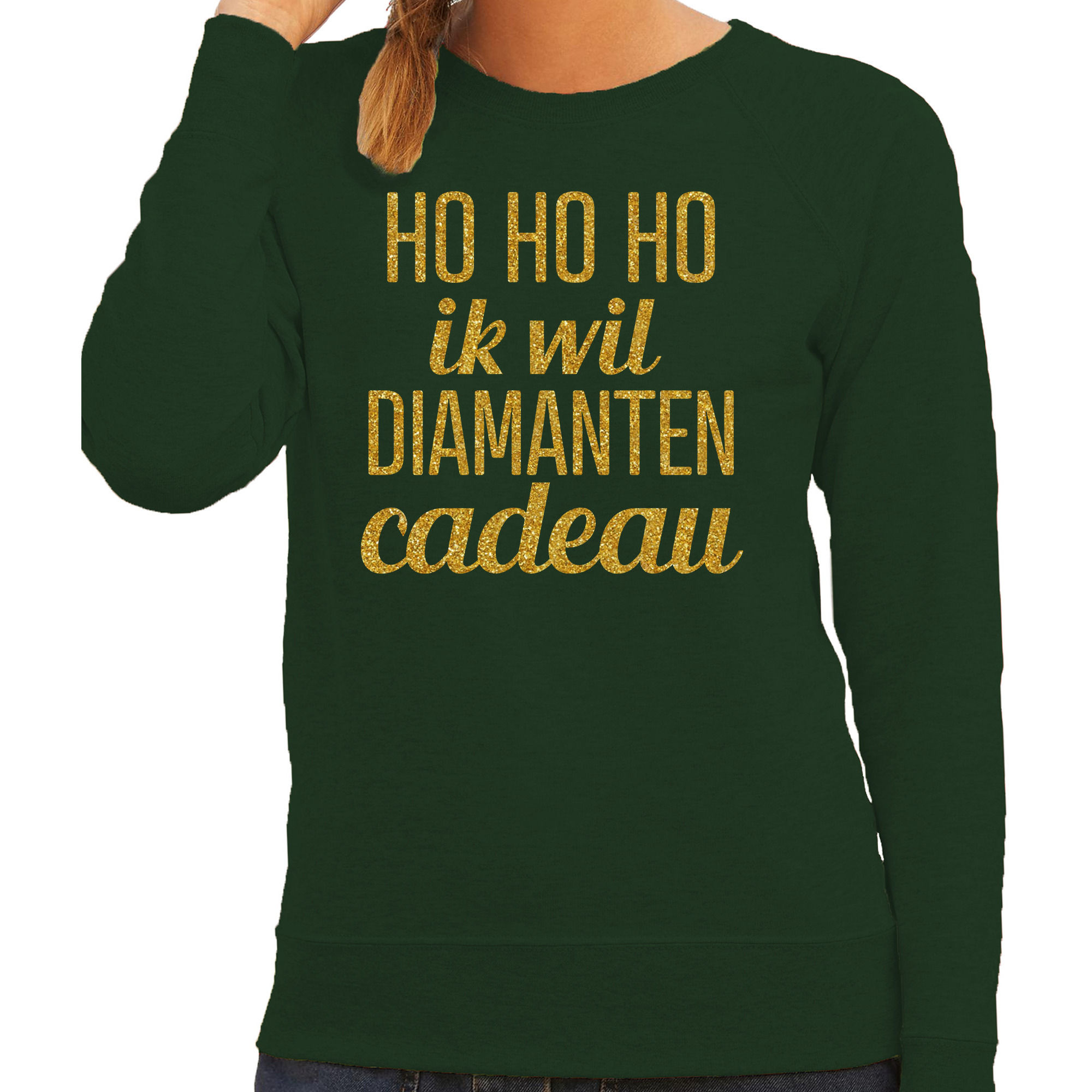 Foute kersttrui/sweater voor dames - Hohoho diamanten cadeau - groen - glitter goud XS -
