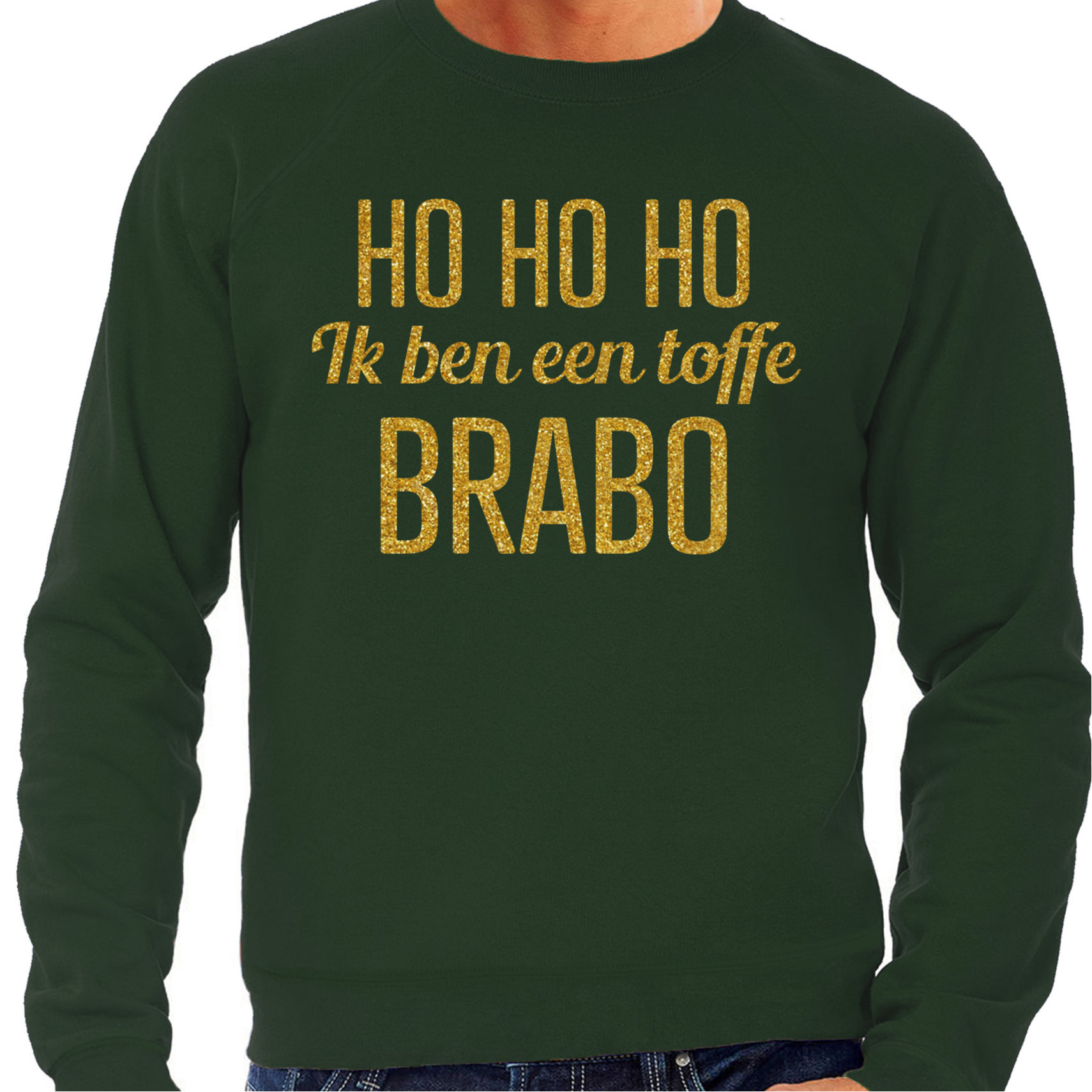 Foute kersttrui/sweater voor heren - Hohoho toffe Brabo - groen - glitter goud 2XL -