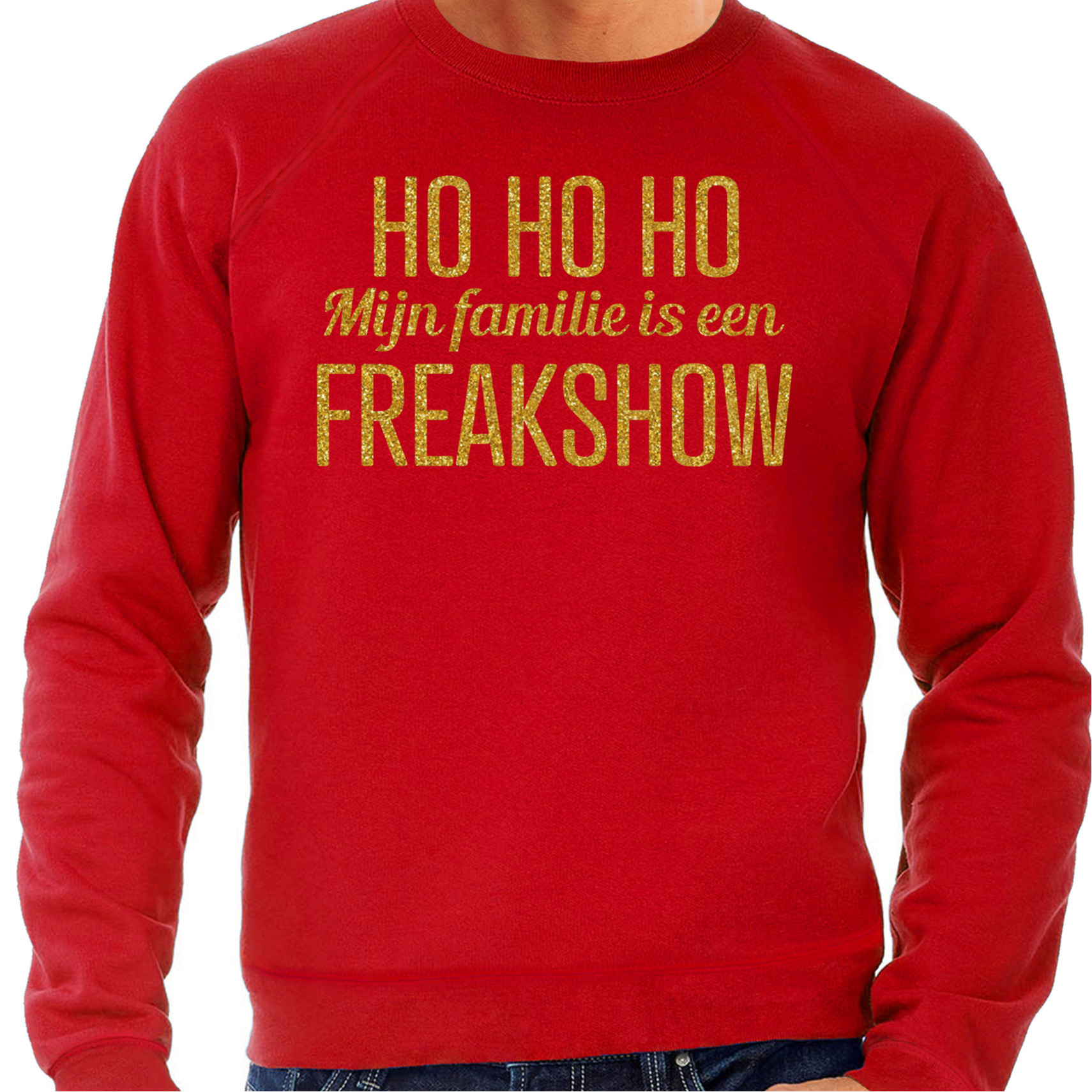 Foute kersttrui/sweater voor heren - Hohoho freak show - rood - glitter goud M -