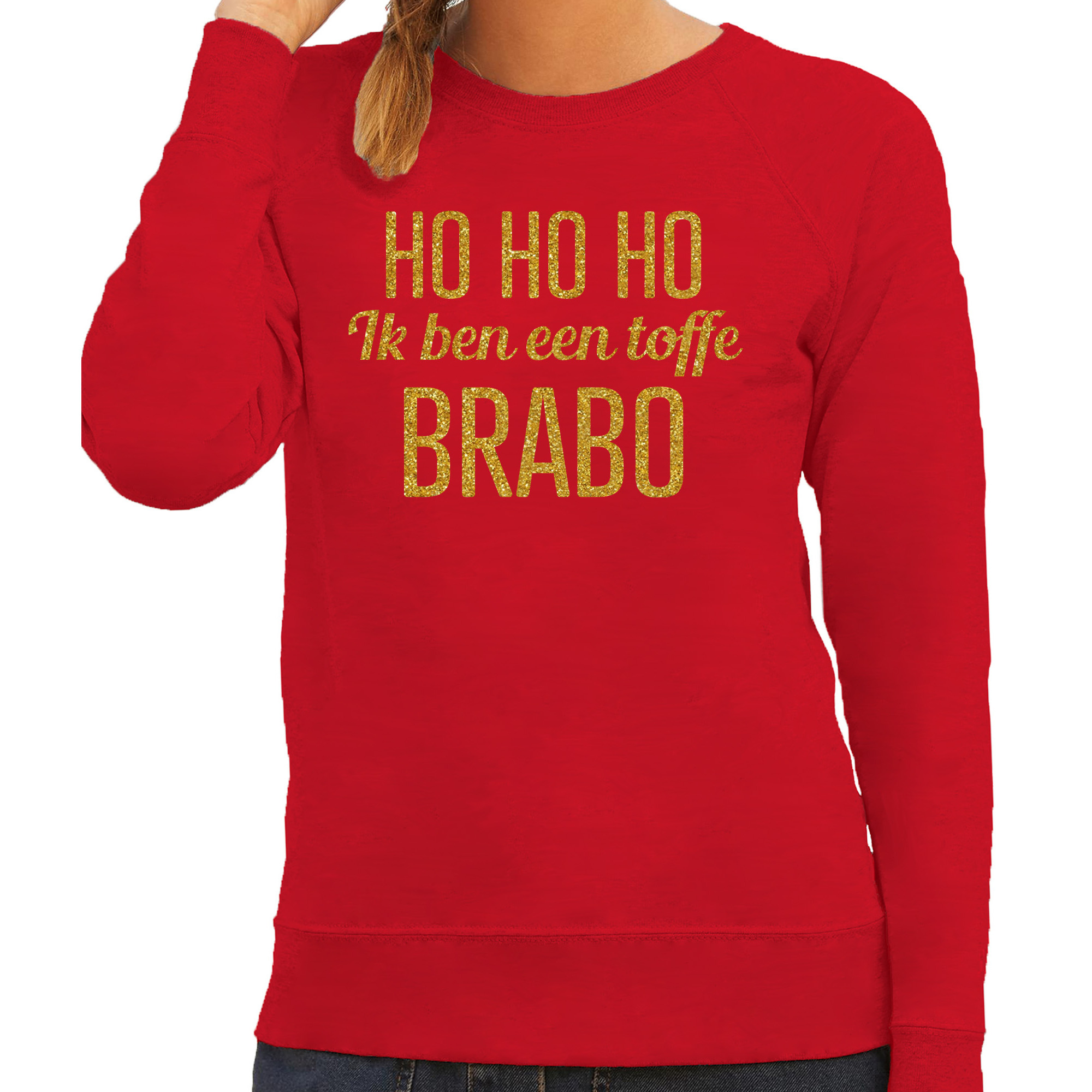 Foute kersttrui/sweater voor dames - Hohoho toffe Brabo - rood - glitter goud XS -