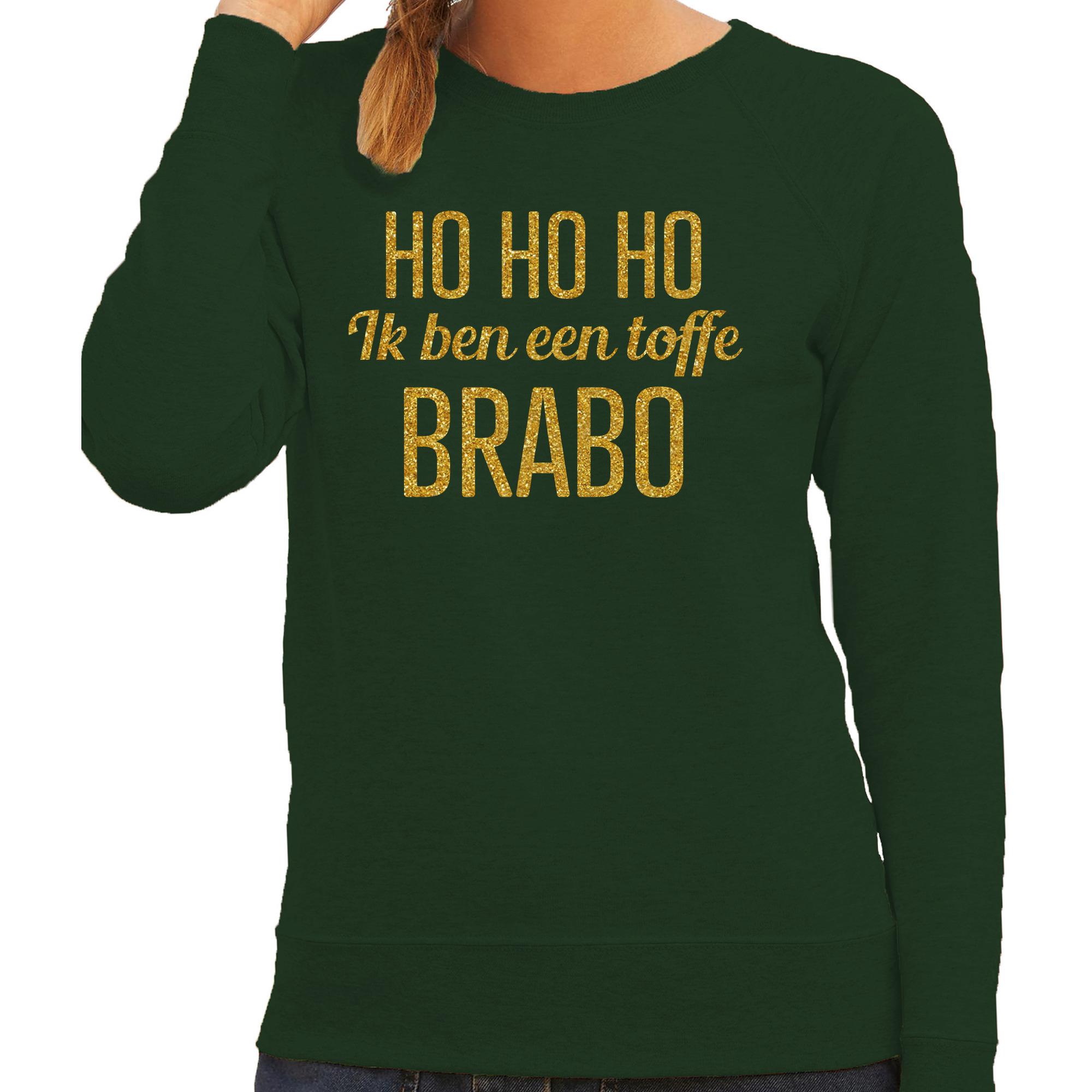 Foute kersttrui/sweater voor dames - Hohoho toffe Brabo - groen - glitter goud L -