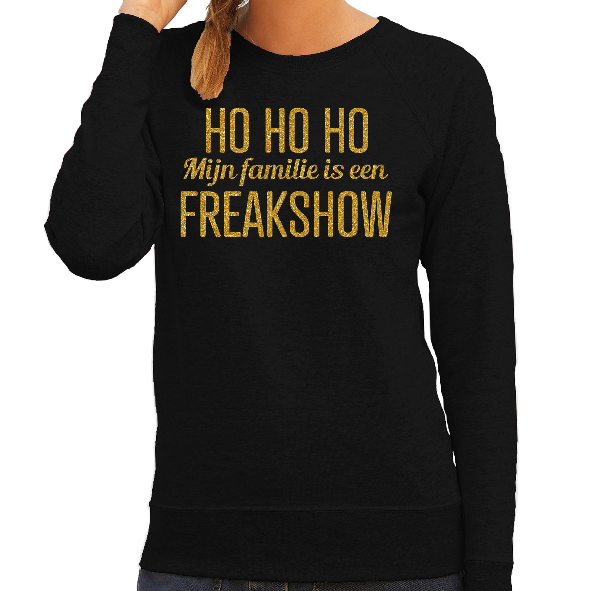 Foute kersttrui/sweater voor dames - Hohoho freak show - zwart - glitter goud M -