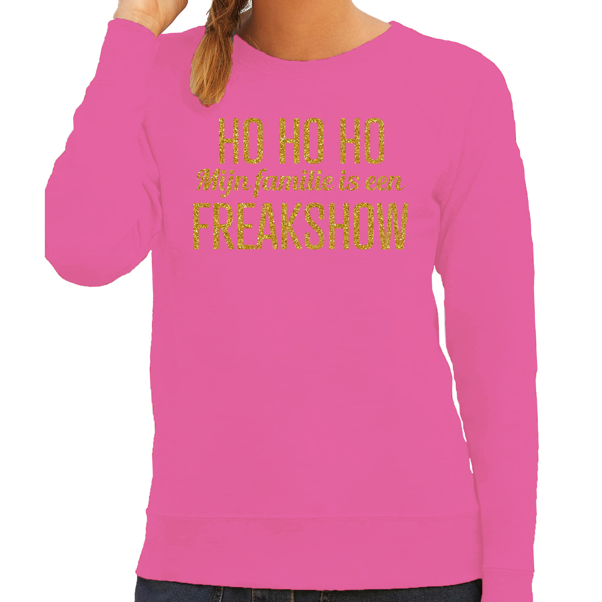 Foute kersttrui/sweater voor dames - Hohoho freak show - roze - glitter goud M -