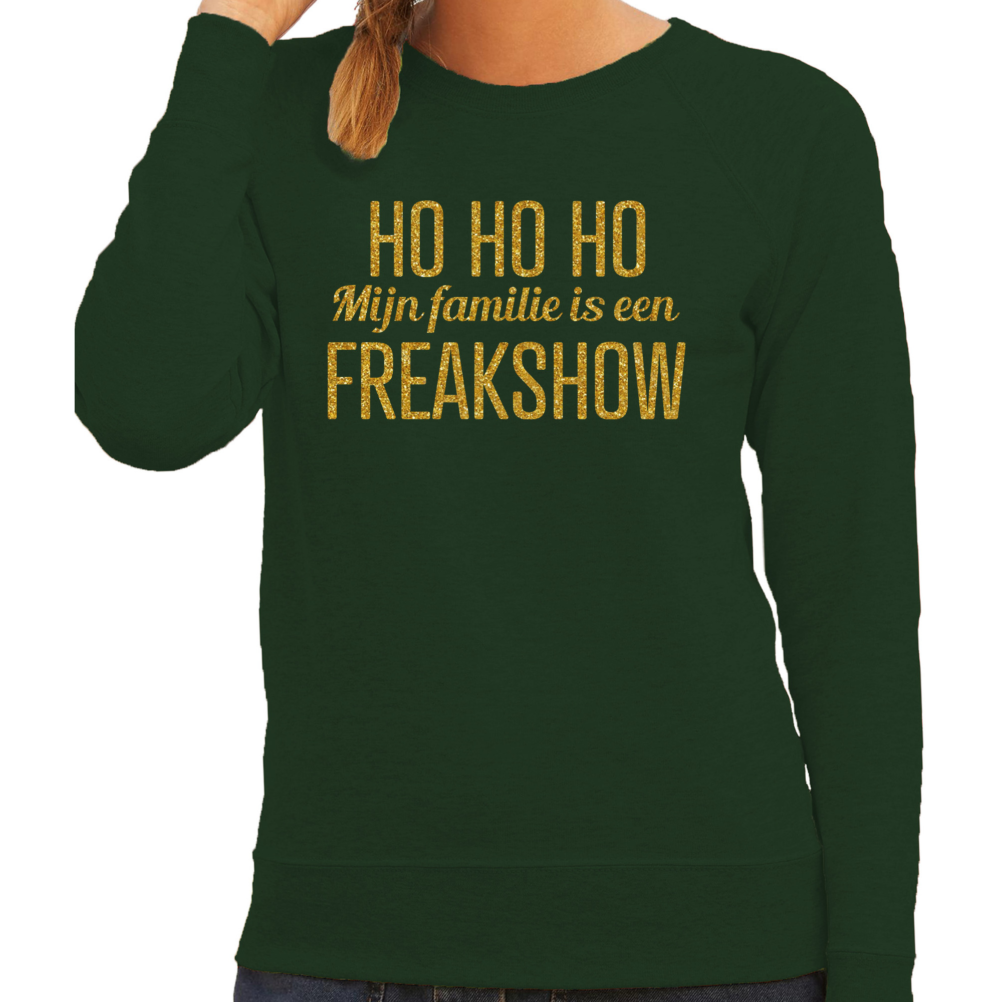 Foute kersttrui/sweater voor dames - Hohoho freak show - groen - glitter goud XS -
