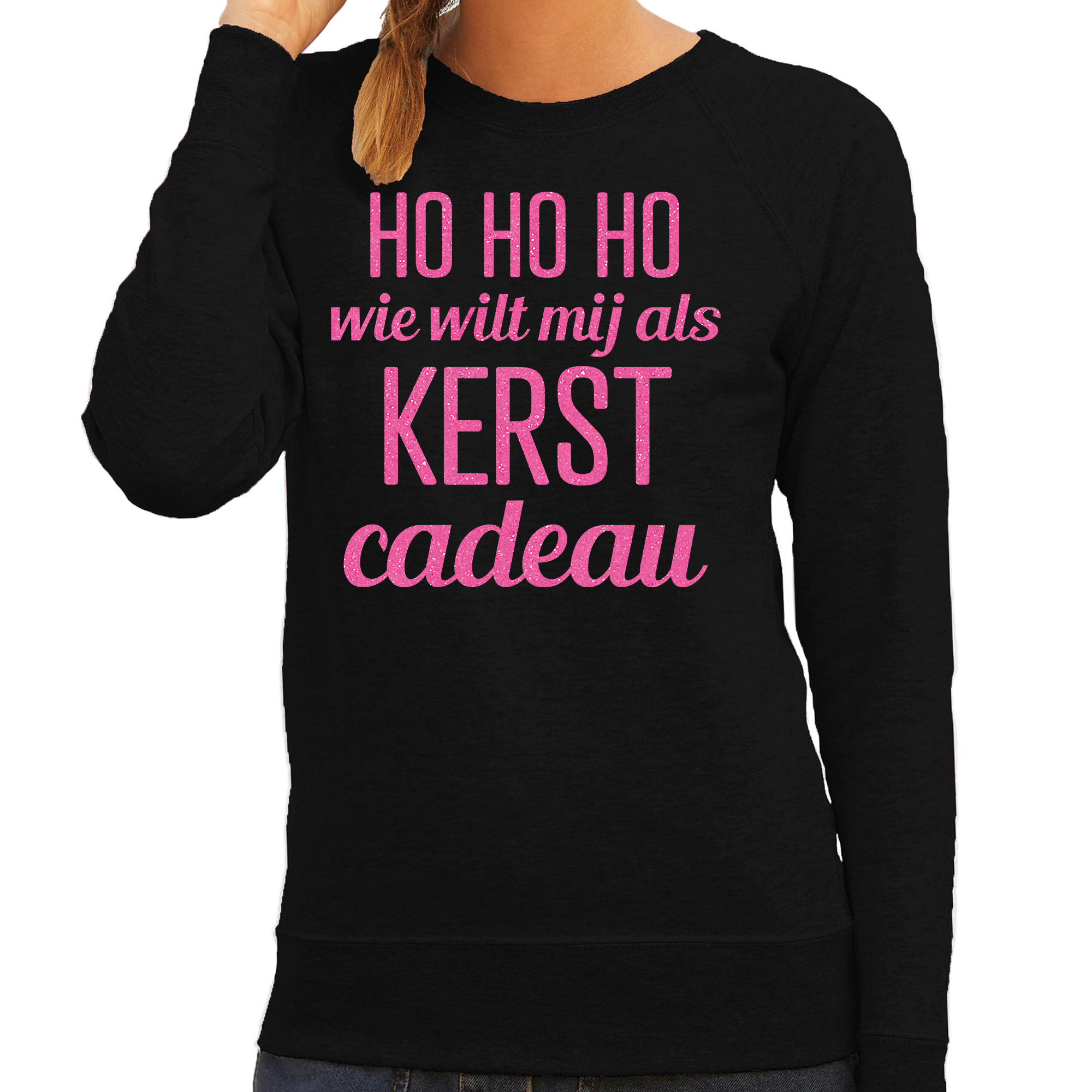 Foute kersttrui/sweater voor dames - HoHoHo kerst cadeau - zwart - glitter roze L -