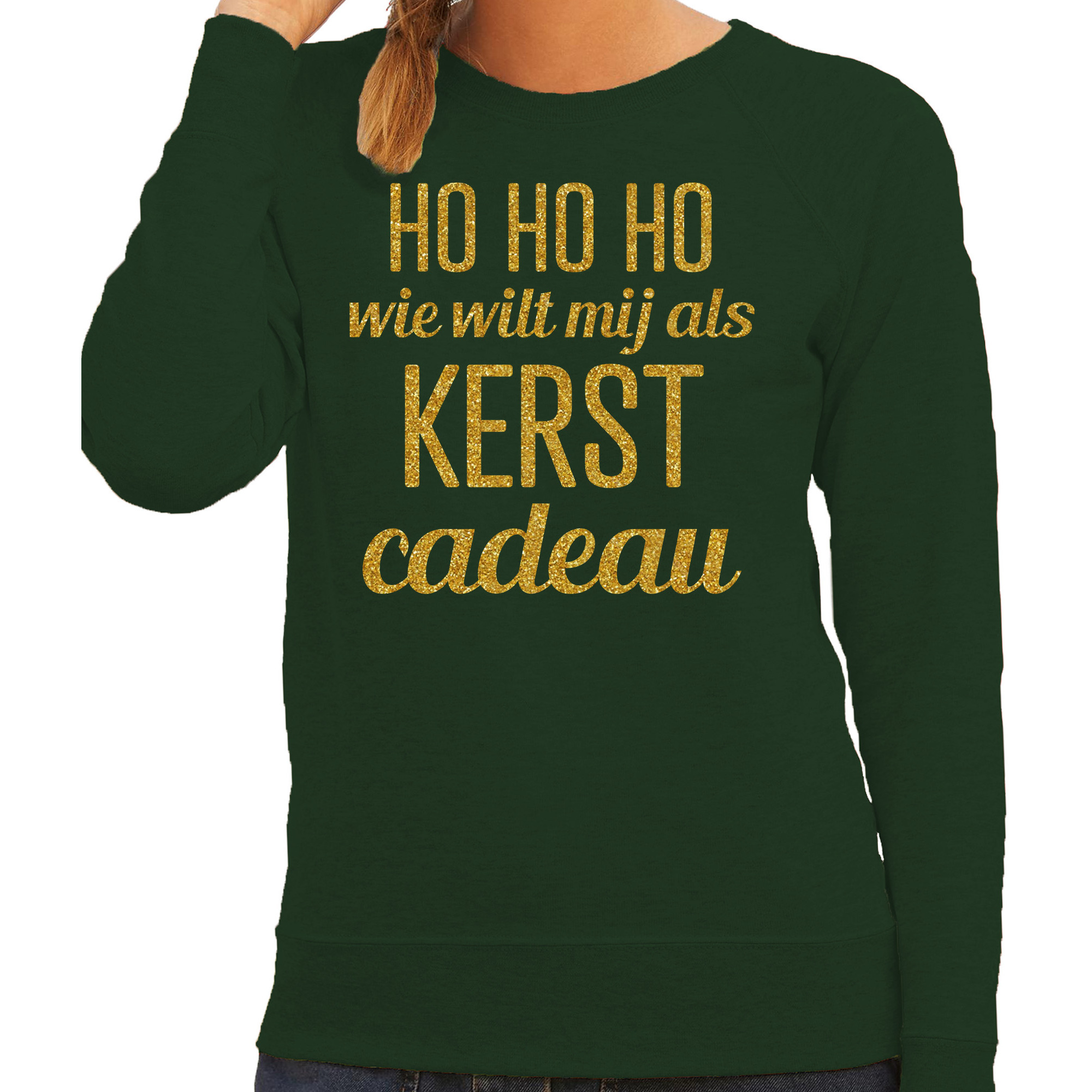 Foute kersttrui/sweater voor dames - Hohoho kerst cadeau - groen - glitter goud M -