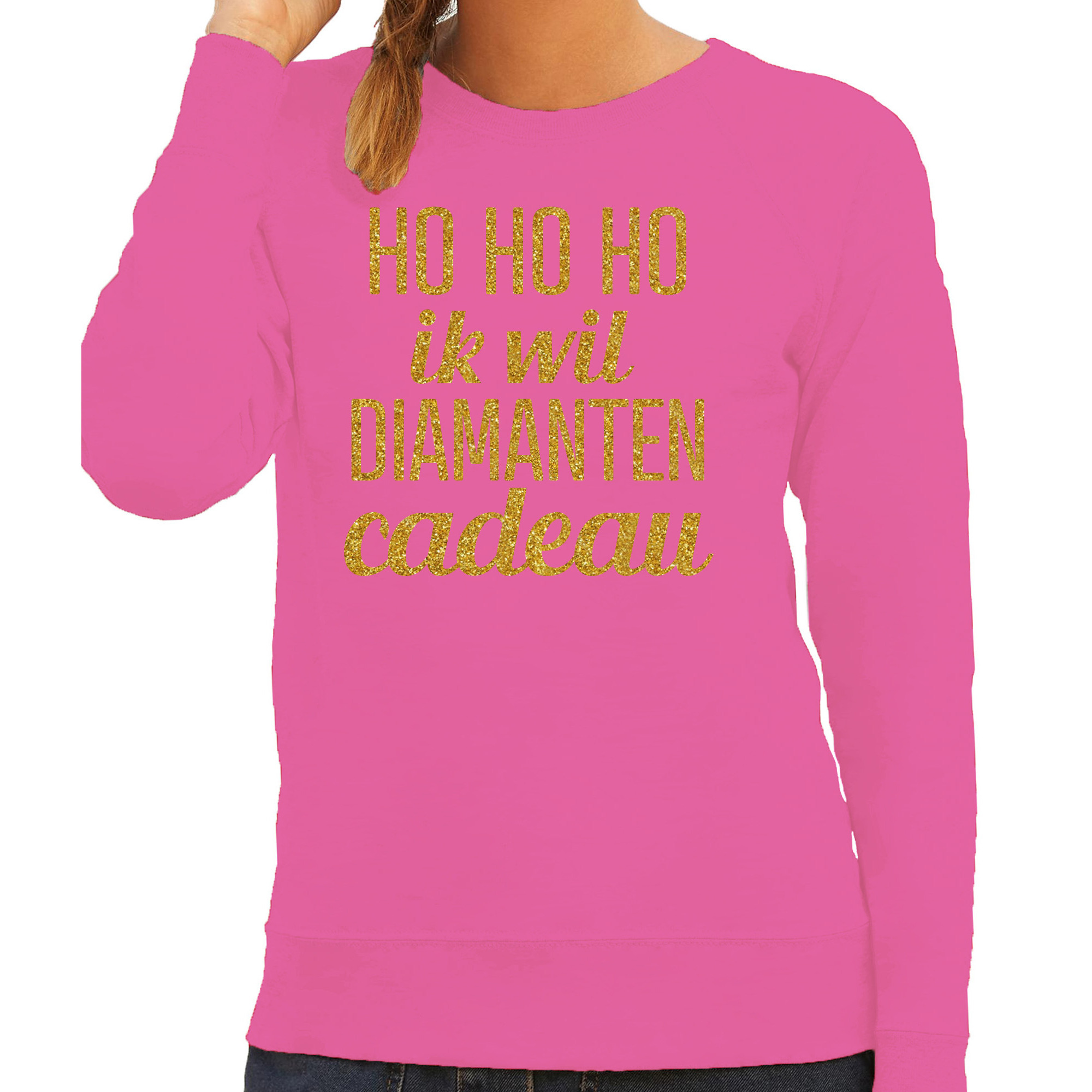 Foute kersttrui/sweater voor dames - Hohoho diamanten cadeau - roze - glitter goud XL -