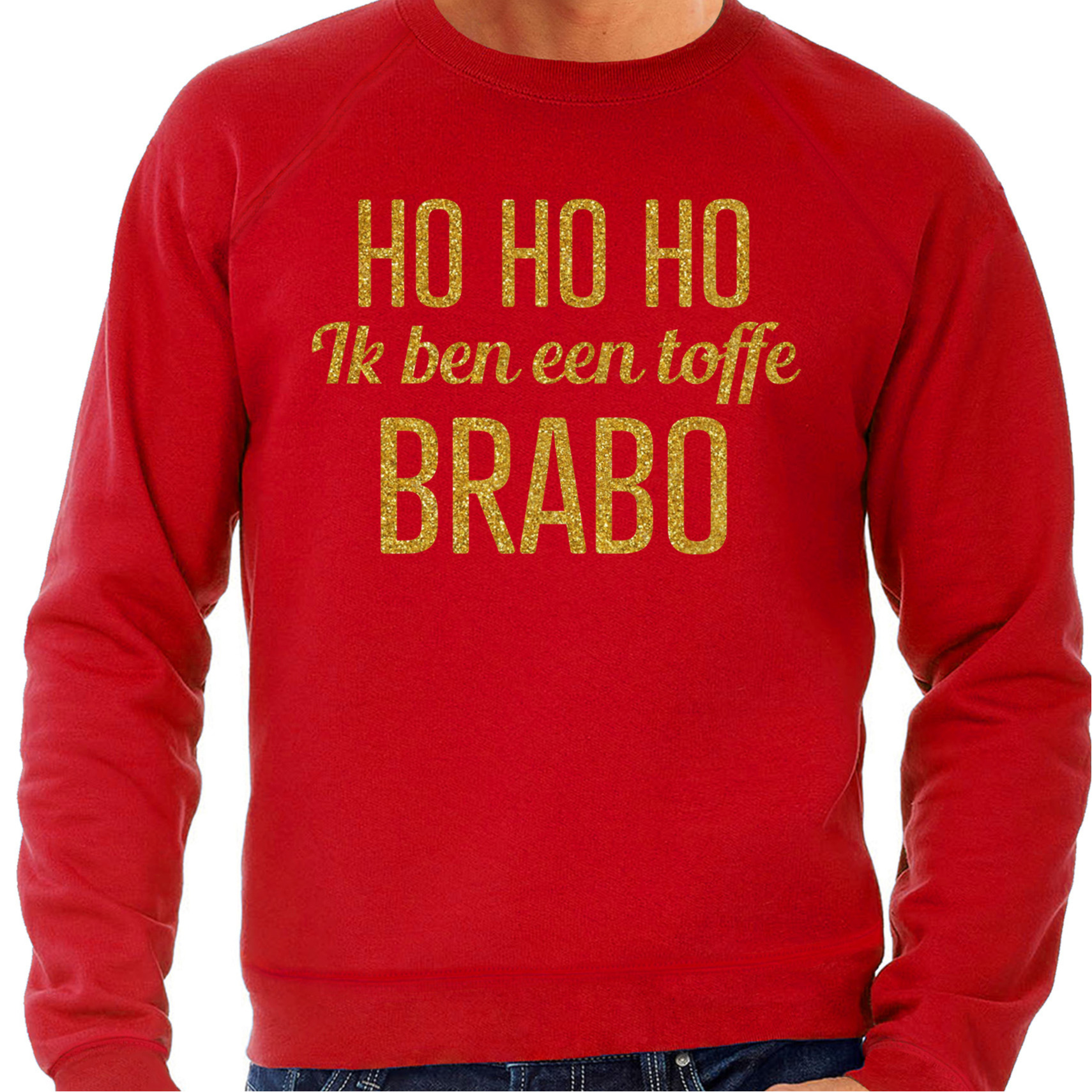 Foute kersttrui/sweater voor heren - Hohoho toffe Brabo - rood - glitter goud XL -