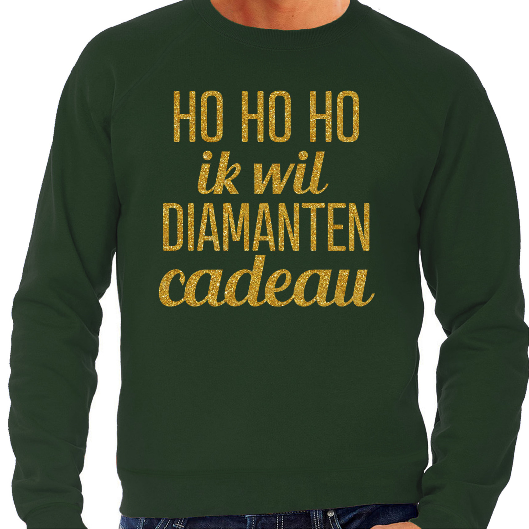 Foute kersttrui/sweater voor heren - Hohoho diamanten cadeau - groen - glitter goud 2XL -