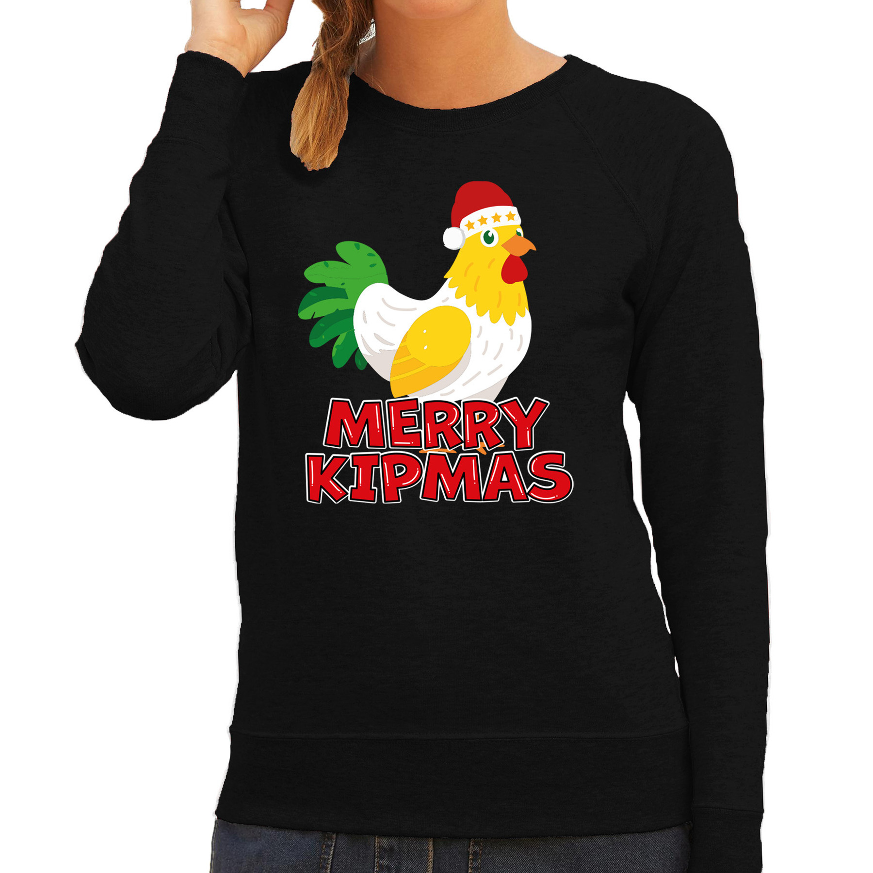 Kersttrui voor dames - Merry Kipmas - zwart - kerst kip - schattige kerst S -