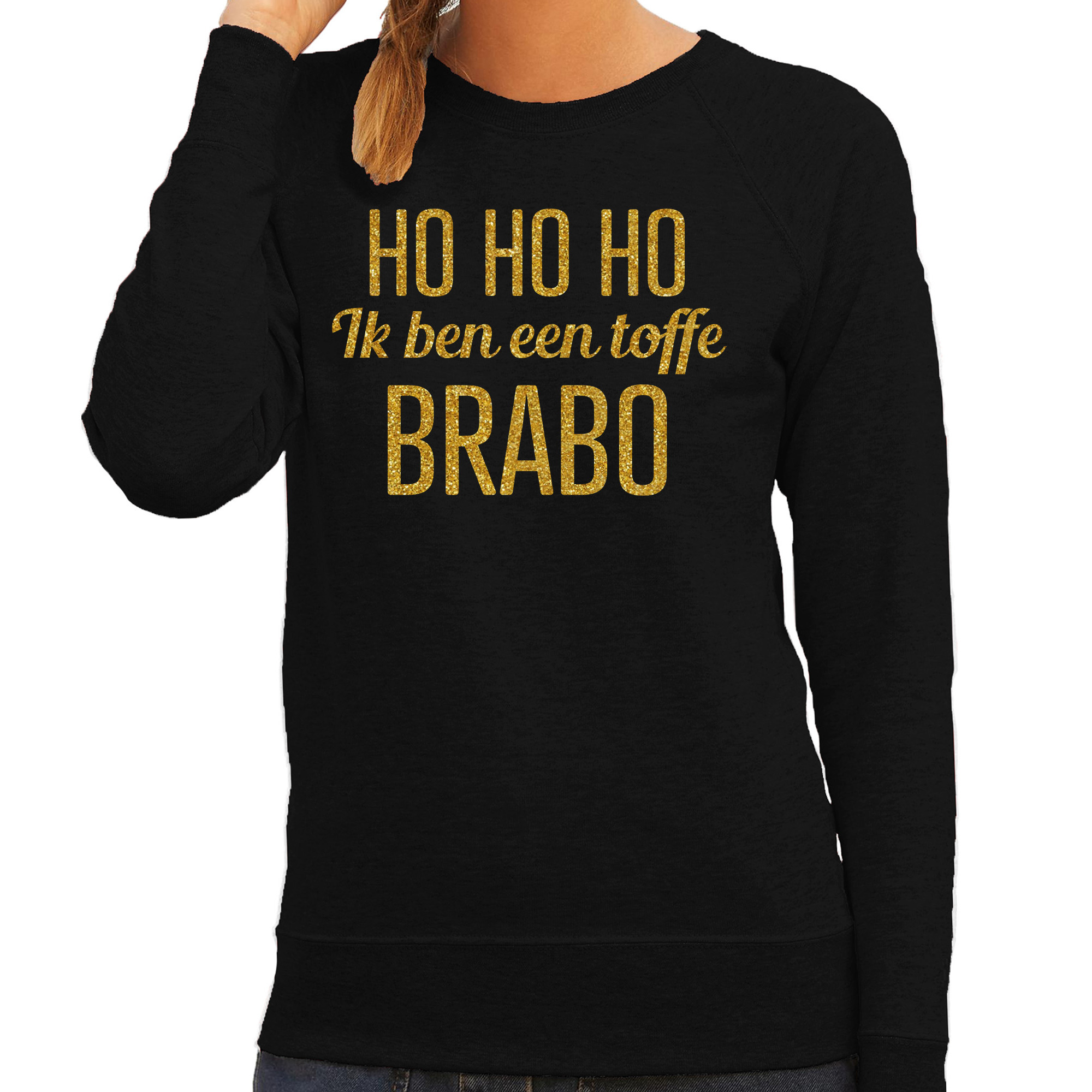 Foute kersttrui/sweater voor dames - Hohoho toffe Brabo - zwart - glitter goud S -