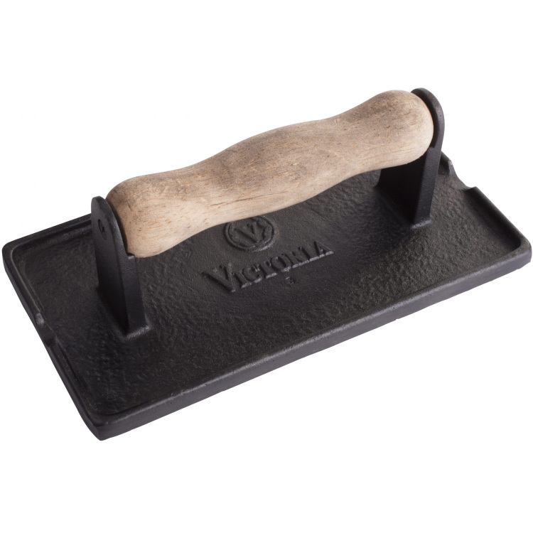 Victoria Gietijzeren bacon en vlees pers met houten handvat, geëmailleerd pers 21 x 11 cm