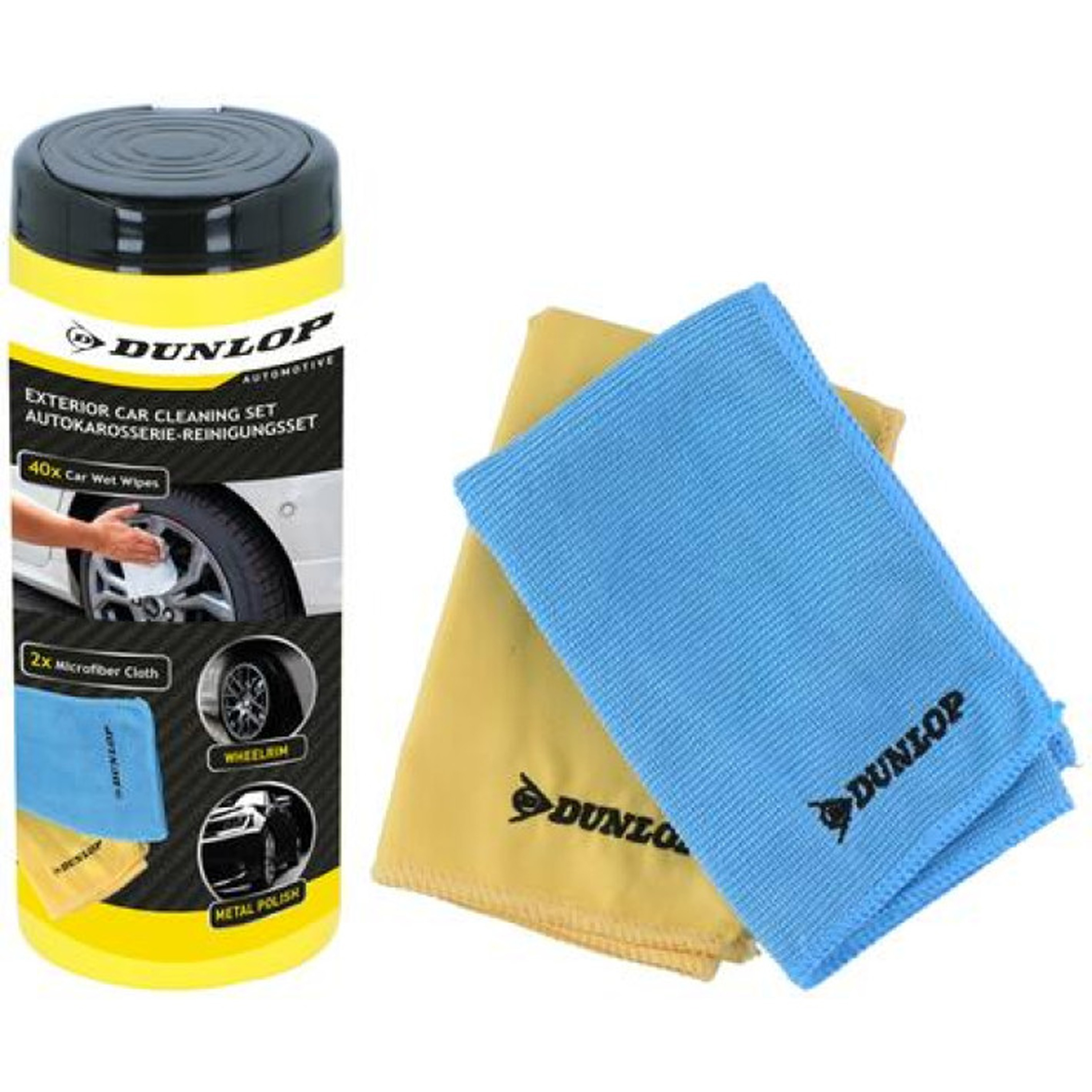 Dunlop Autoreinigings set - 3-delig - 2x microvezeldoek - 40x vochtige doekjes - poetsen -