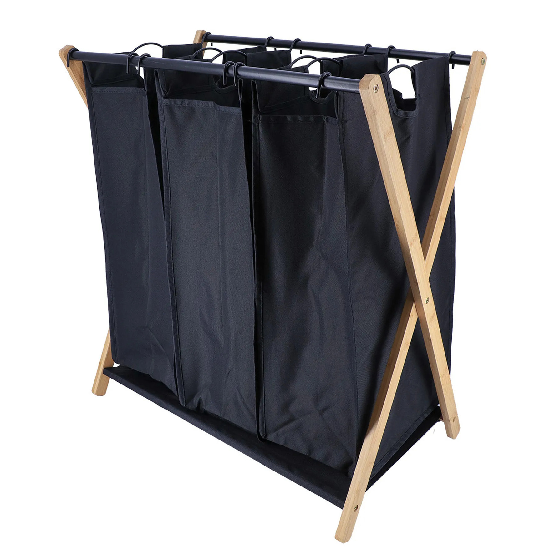 Wasmand met 3 compartimenten - bamboe hout - zwart - inklapbaar - was sorteren -