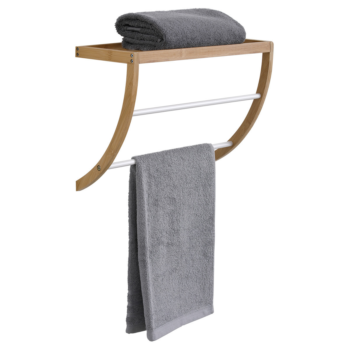 Handdoekenrek wand - 2 stangen - bamboe hout/wit - 45 x 20 x 34 cm -