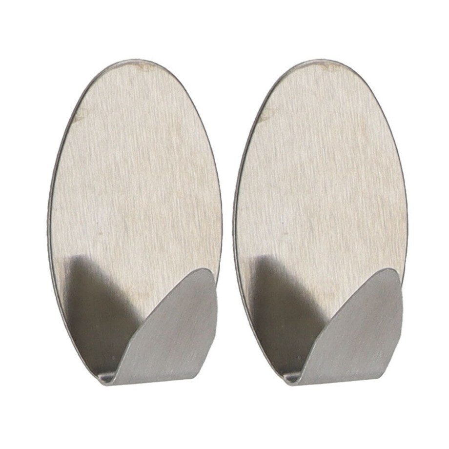 Plakhaakjes ovaal - 2x stuks - 3 x 2,5 x 5 cm - Zelfklevende ophang haakjes - RVS - zilver -
