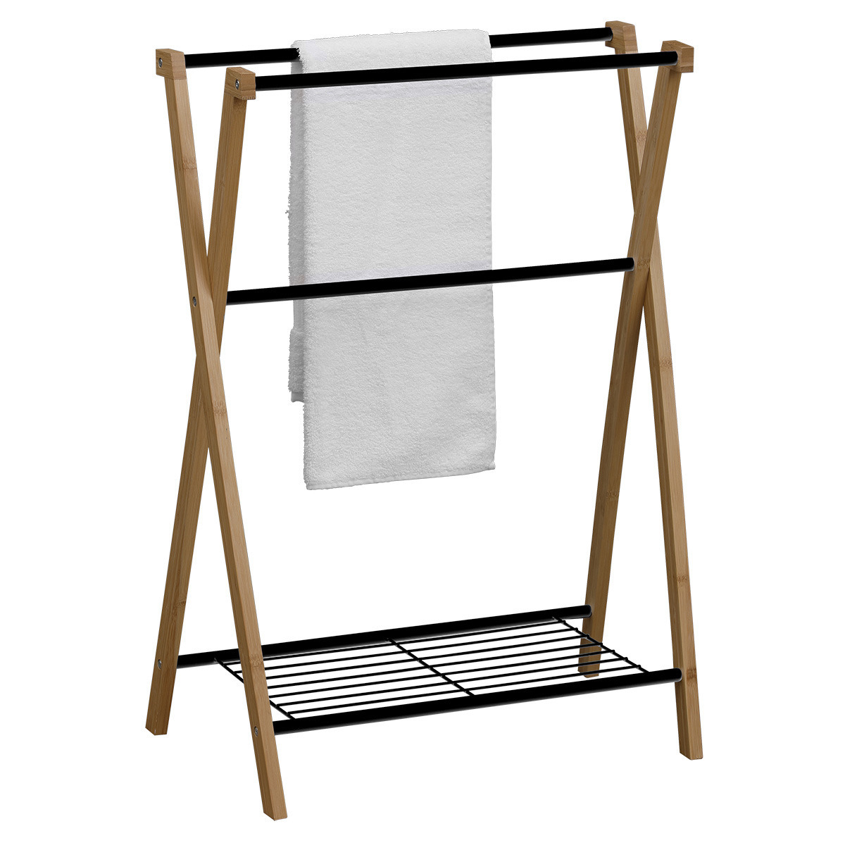 Handdoeken ophangrek/houder - badkamer - bamboe/metaal - 60 x 37 x 80 cm - zwart -