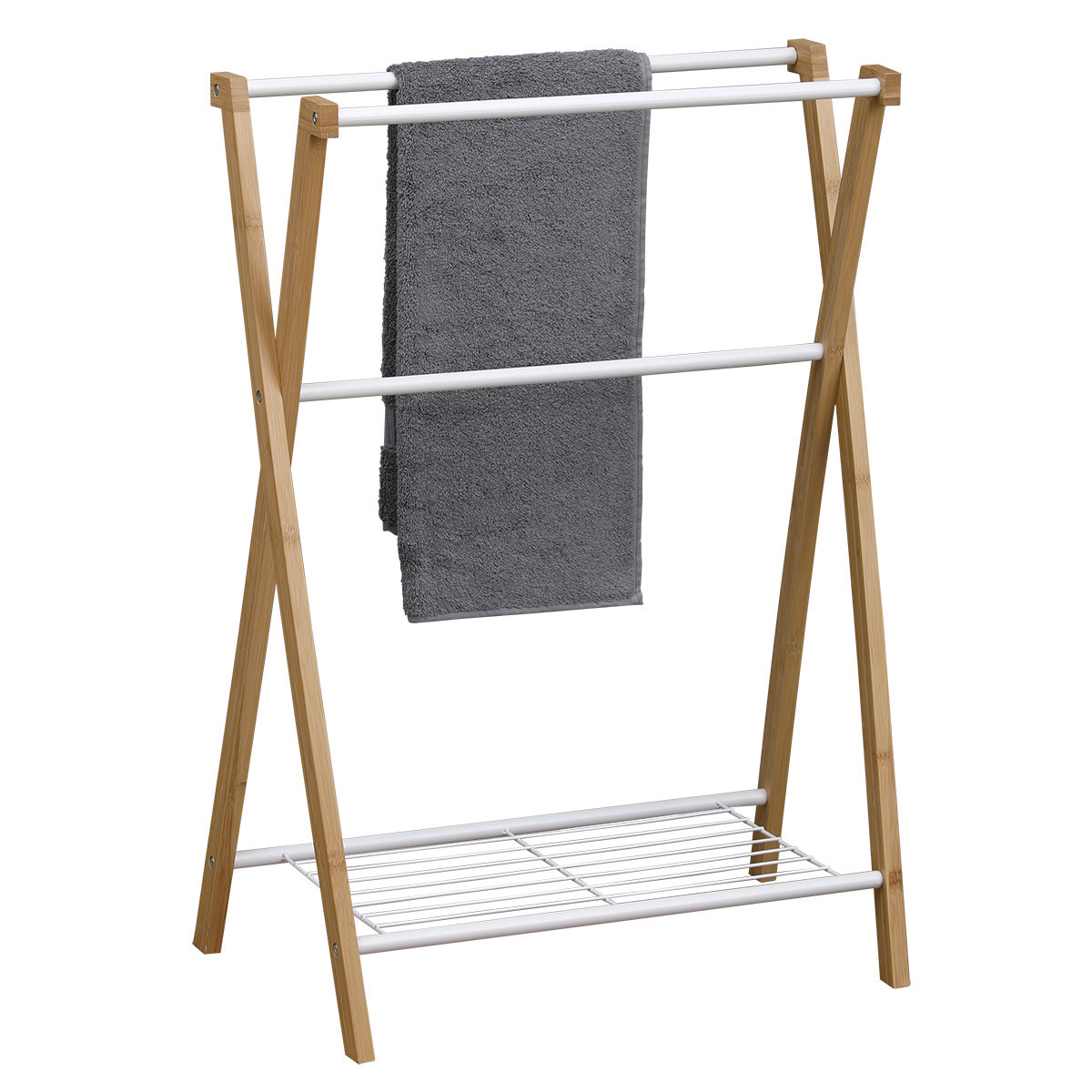 Handdoeken ophangrek/houder - badkamer - bamboe/metaal - 60 x 37 x 80 cm - wit -