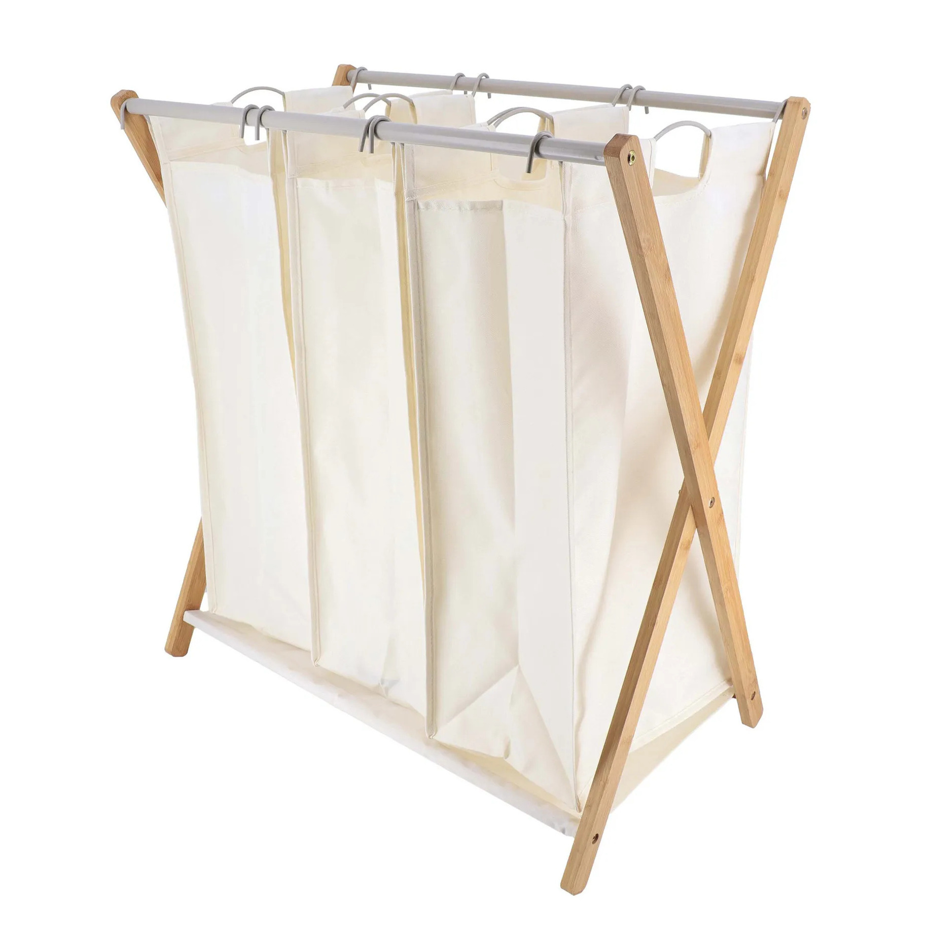 Wasmand met 3 compartimenten - bamboe hout - wit - inklapbaar - was sorteren -