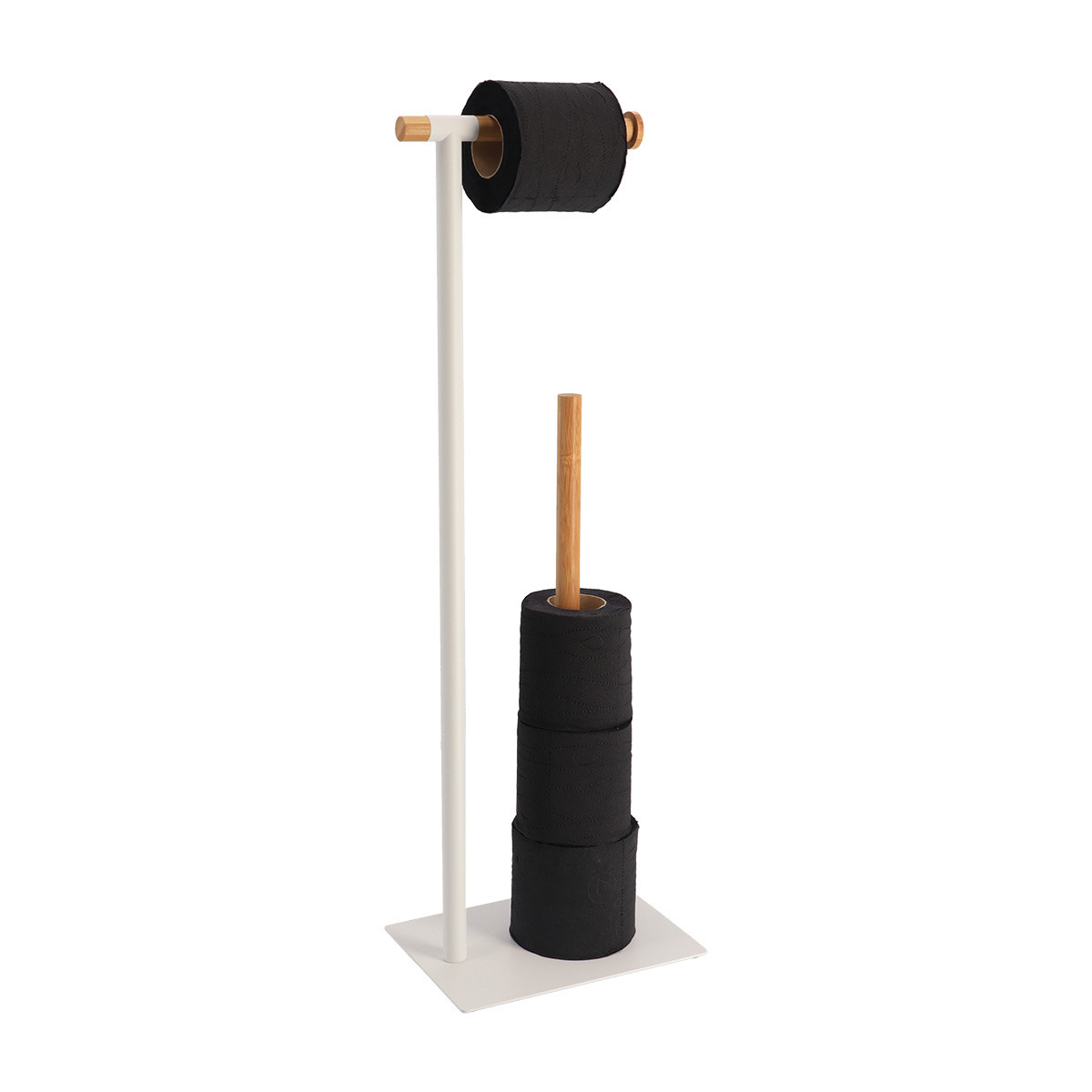 Toiletrolhouder en reserverolhouder - vrijstaand - wit - metaal/bamboe - 70 cm -
