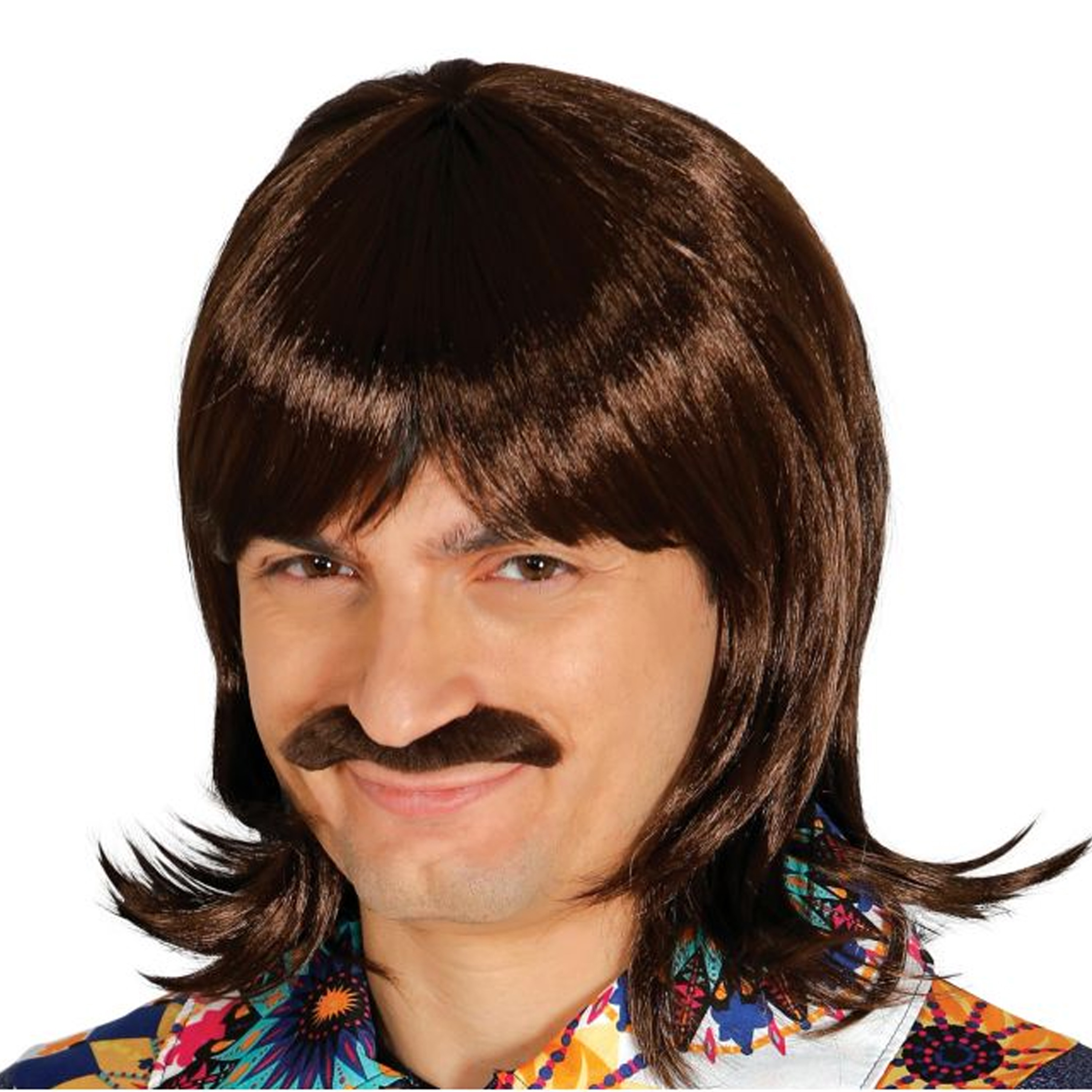 Verkleedpruik voor heren met stijl half lang haar - met snor - bruin - jaren 70 - Carnaval/Seventies -
