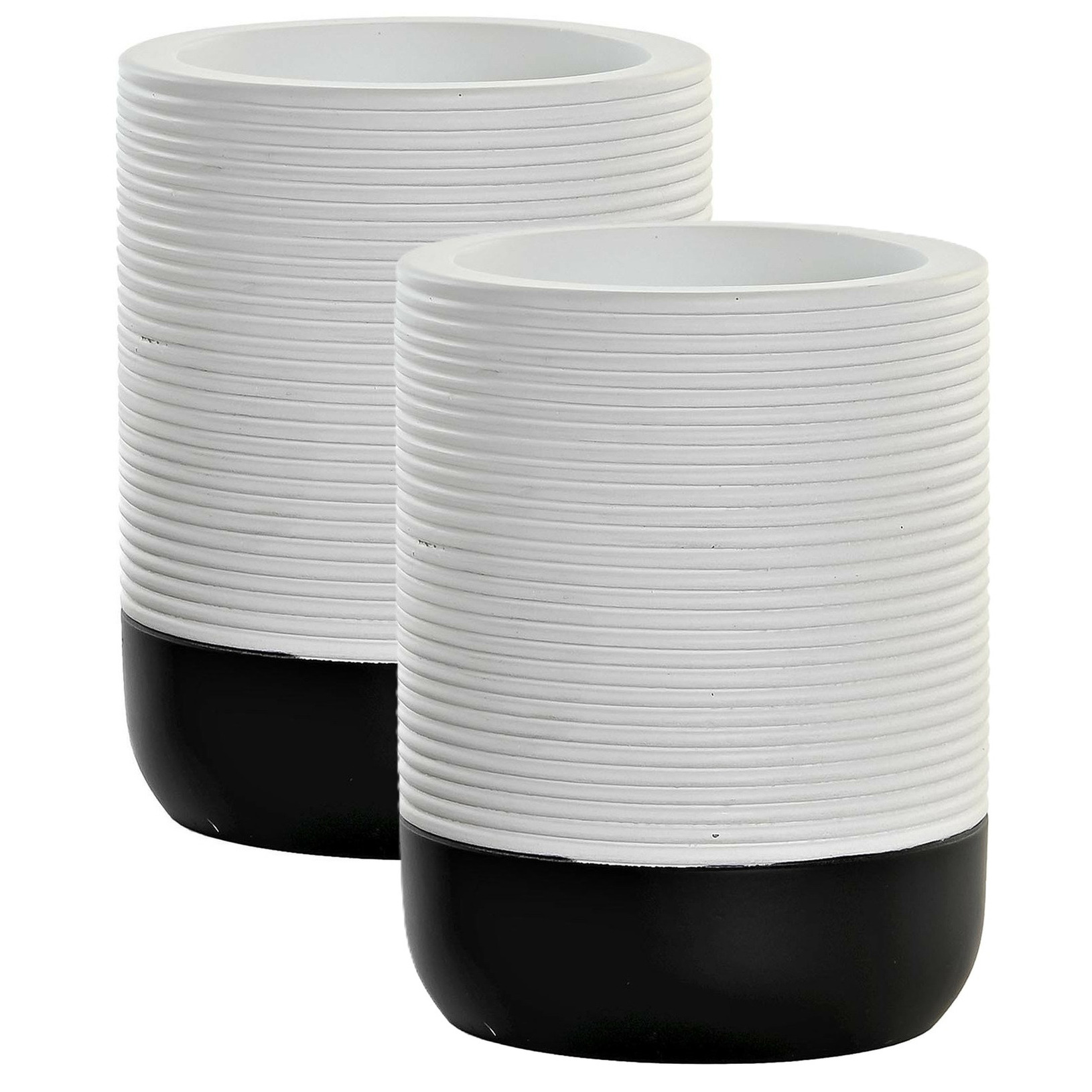 Badkamer tandenborstelhouder / drinkbeker - 2x - polyresin - wit/zwart - 8 x 10 cm -