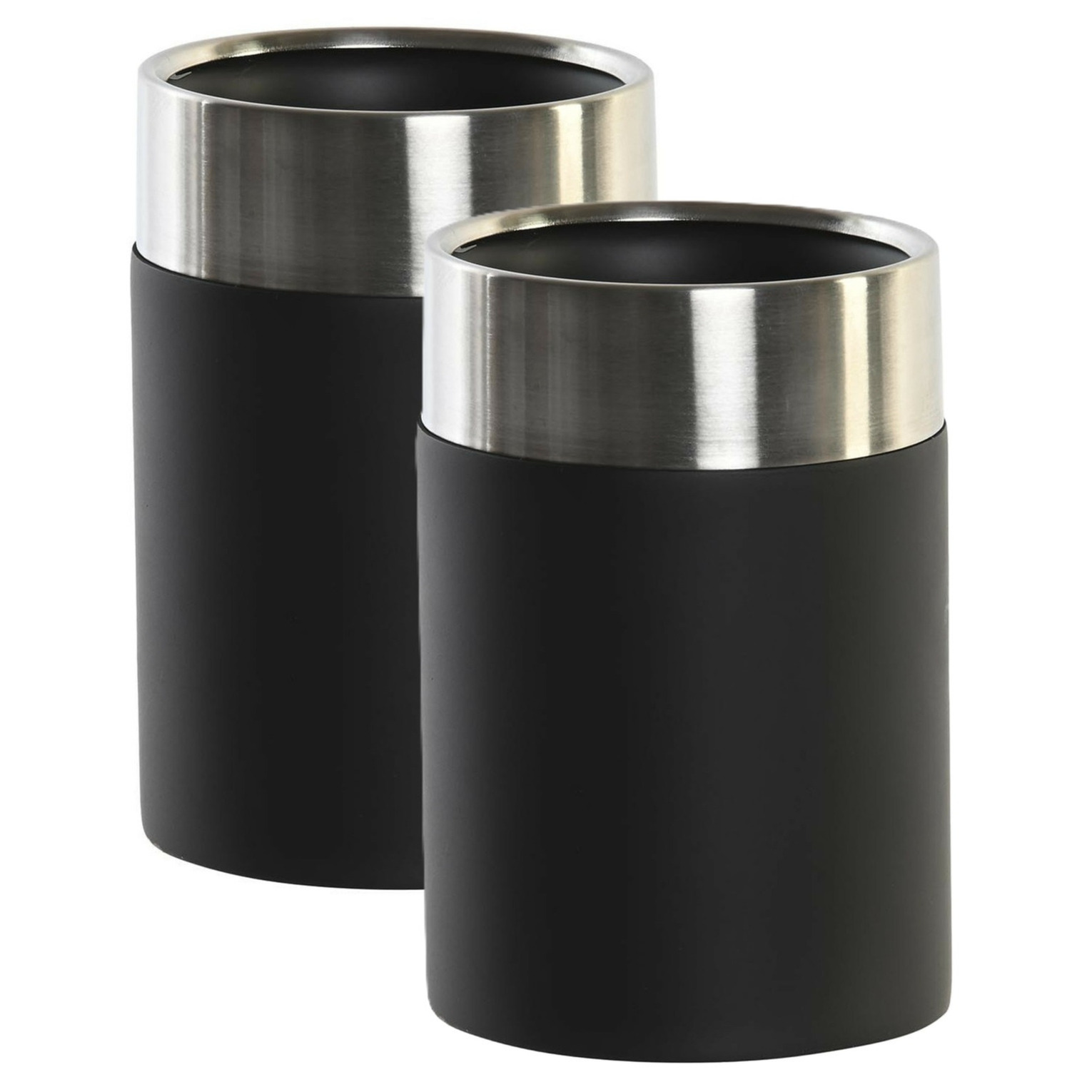 Badkamer tandenborstelhouder / drinkbeker - 2x - polyresin - zwart/zilver - 7 x 10 cm -
