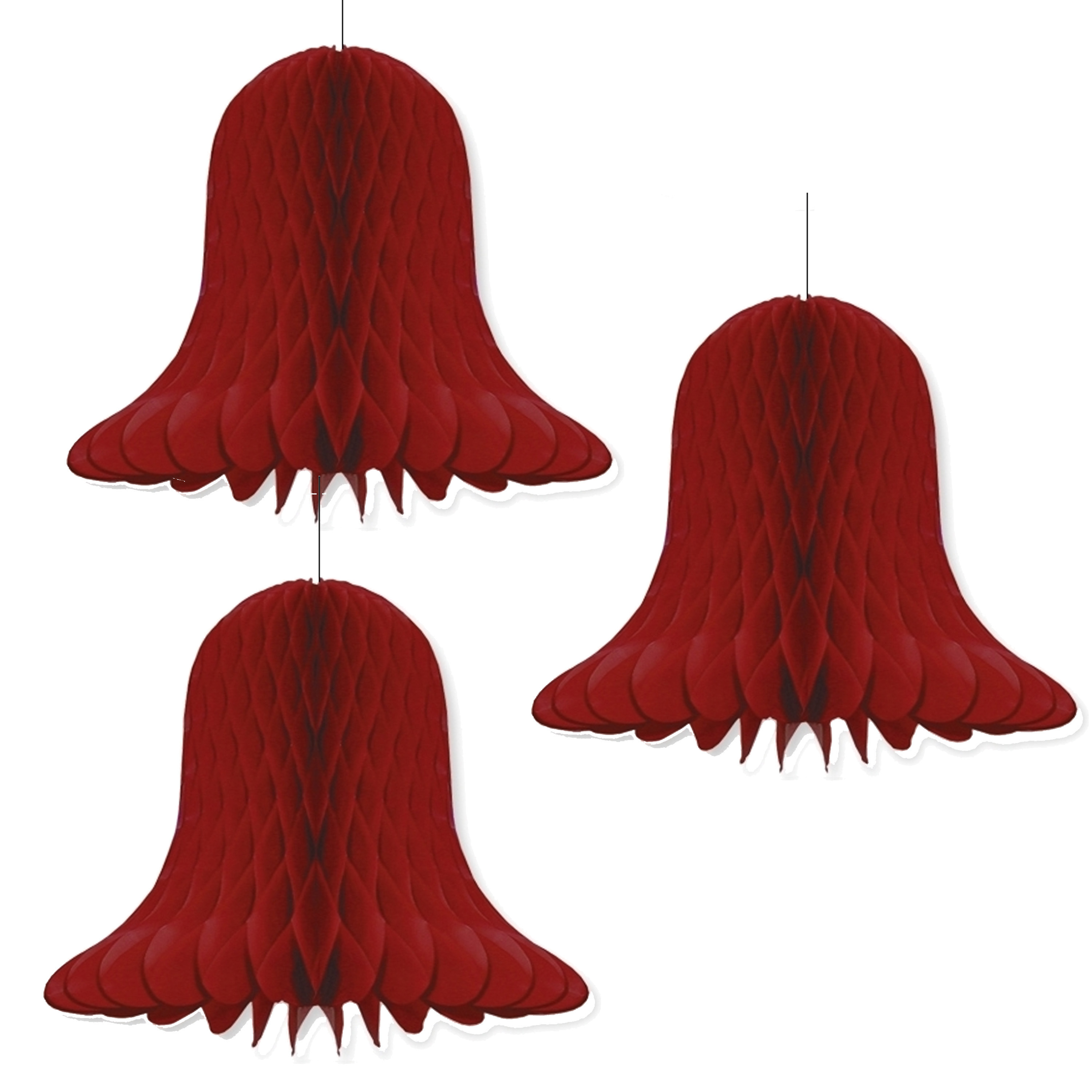 Kerstklokken lampionnen - 3x - donkerrood - 30 x 30 cm - Kerstversiering - Papier -