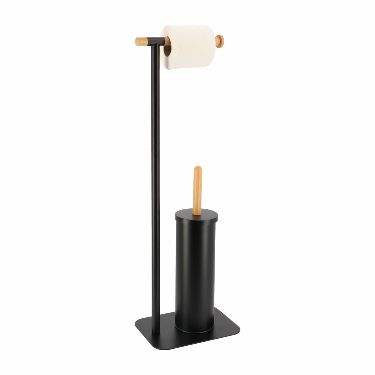 Toiletborstel met toiletrolhouder - vrijstaand - zwart - metaal/bamboe - 67 cm -