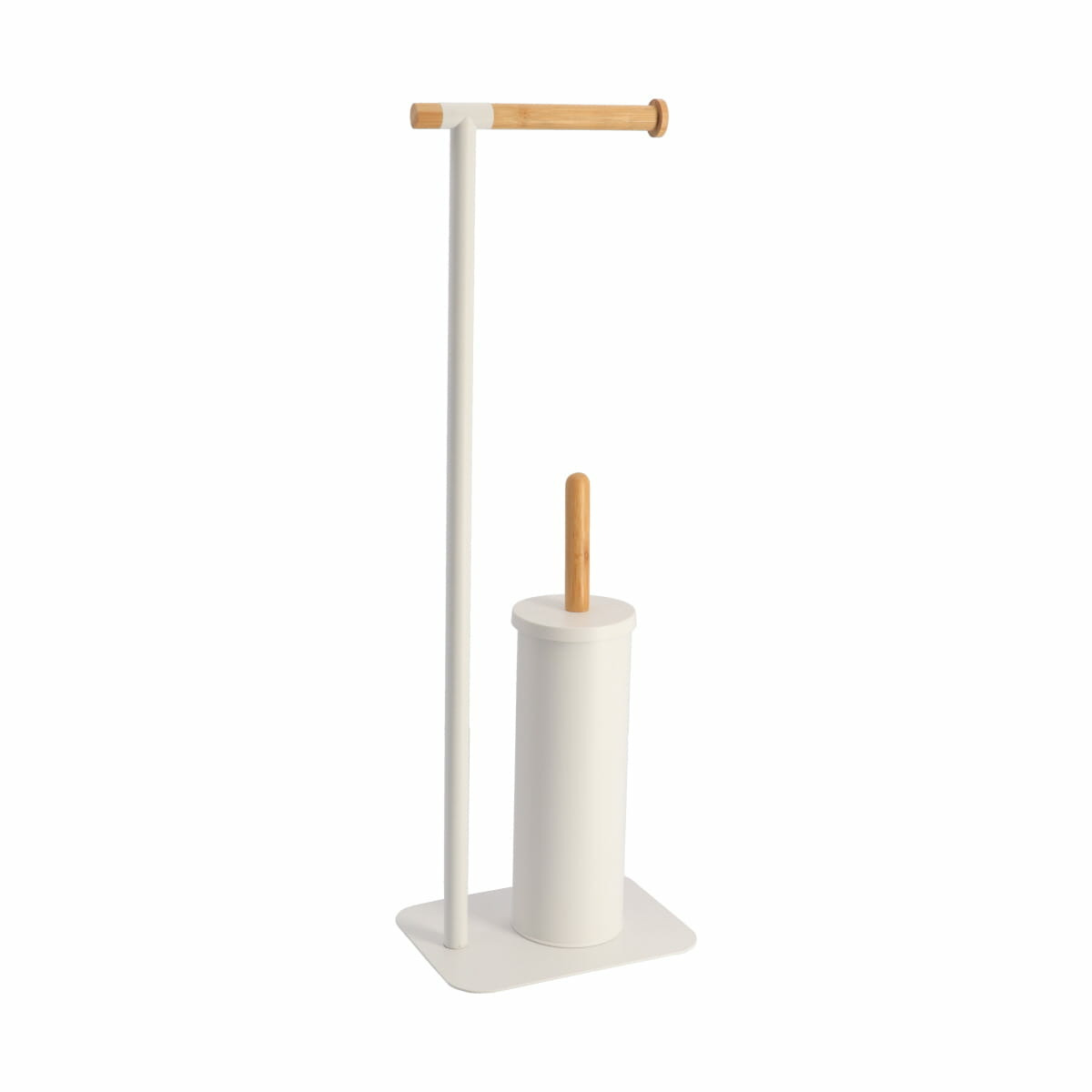 Toiletborstel met toiletrolhouder - vrijstaand - wit - metaal/bamboe - 67 cm -