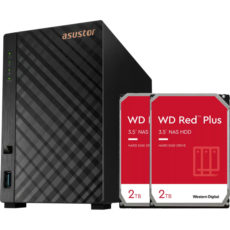 Asustor Drivestor 2 Lite incl. 2x WD Red Plus 2 TB harde schijf nas 1x LAN, 2x USB