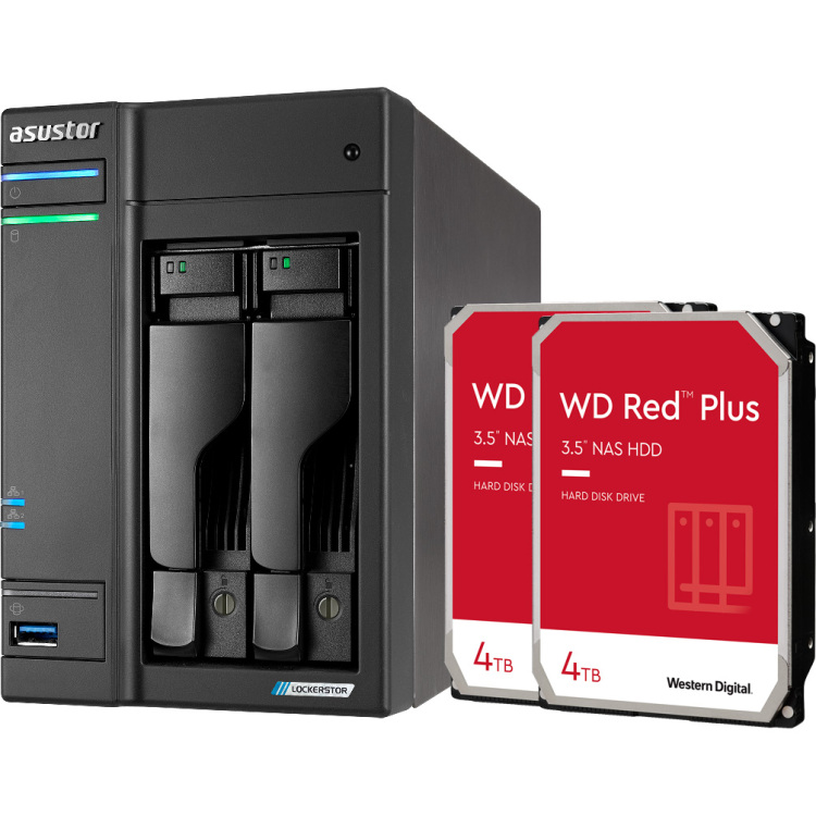 Asustor Lockerstor 2 incl. 2x WD Red Plus 4 TB harde schijf nas 2x LAN, HDMI, USB
