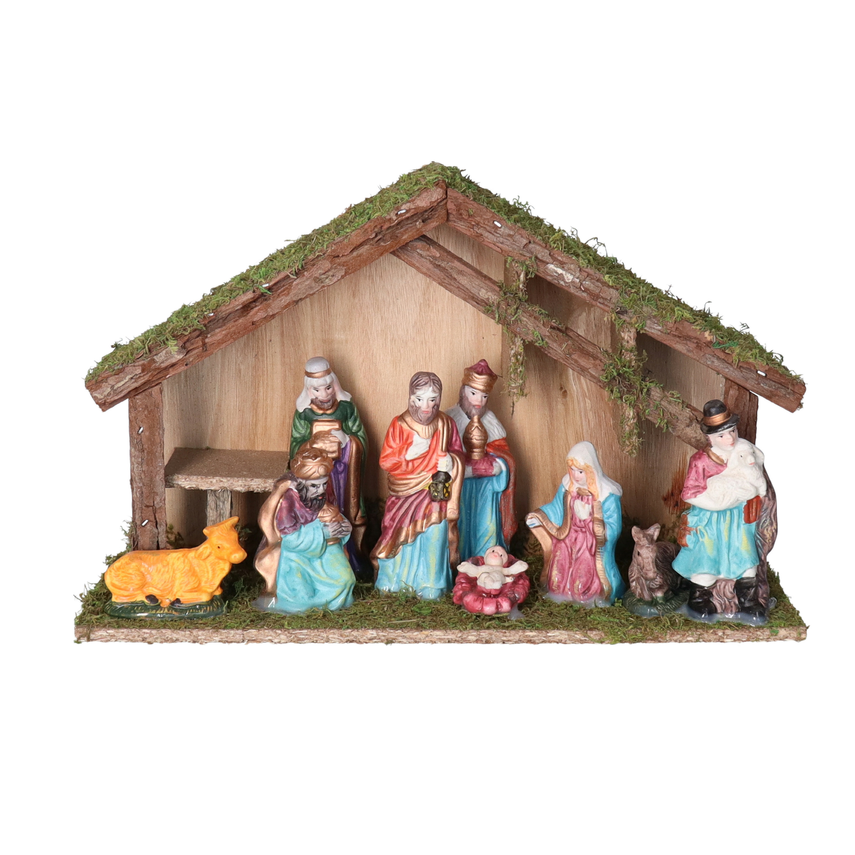 Complete kerststal - met 9 kerst beelden - L35 x B12 x H22 cm -