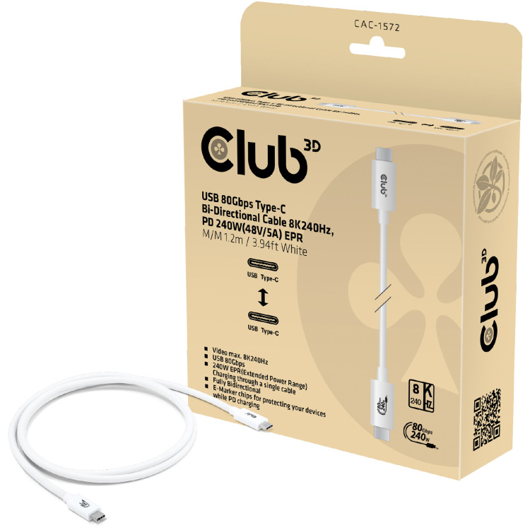 Club 3D USB-C 80Gbps Certified 240W 8k 240Hz kabel 1.2m