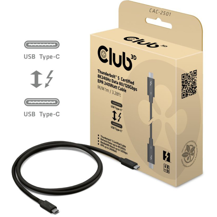 Club 3D Thunderbolt 5 Gecertificeerde 8K240Hz kabel Data 80/120 Gbps, EPR 240 Watt,1 meter