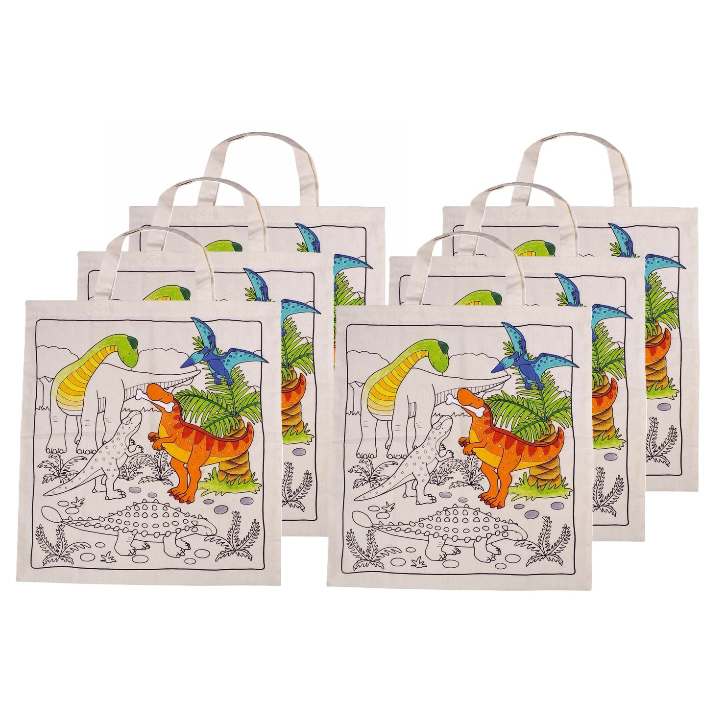 Inkleurbaar tasje DIY - 6x - dinosaurus motief - 38 x 42 cm - fairtrade katoen -