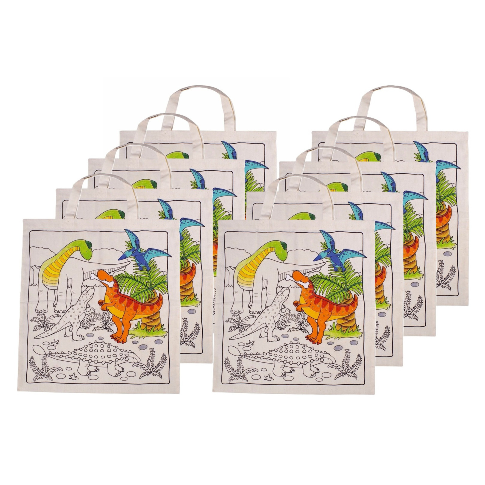 Inkleurbaar tasje DIY - 8x - dinosaurus motief - 38 x 42 cm - fairtrade katoen -