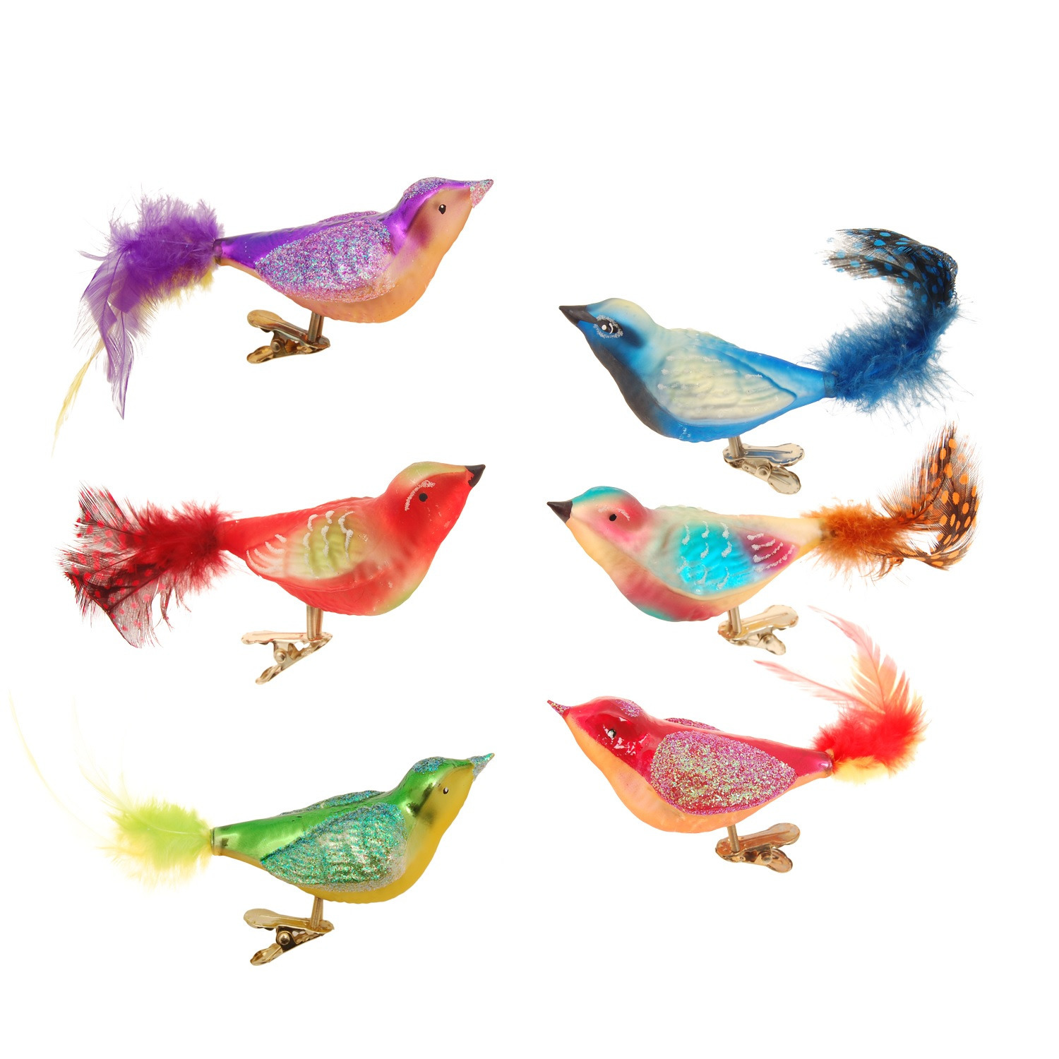 Krebs kerstboomversiering vogels op clip - 12x st - gekleurd - glas - 11 cm -
