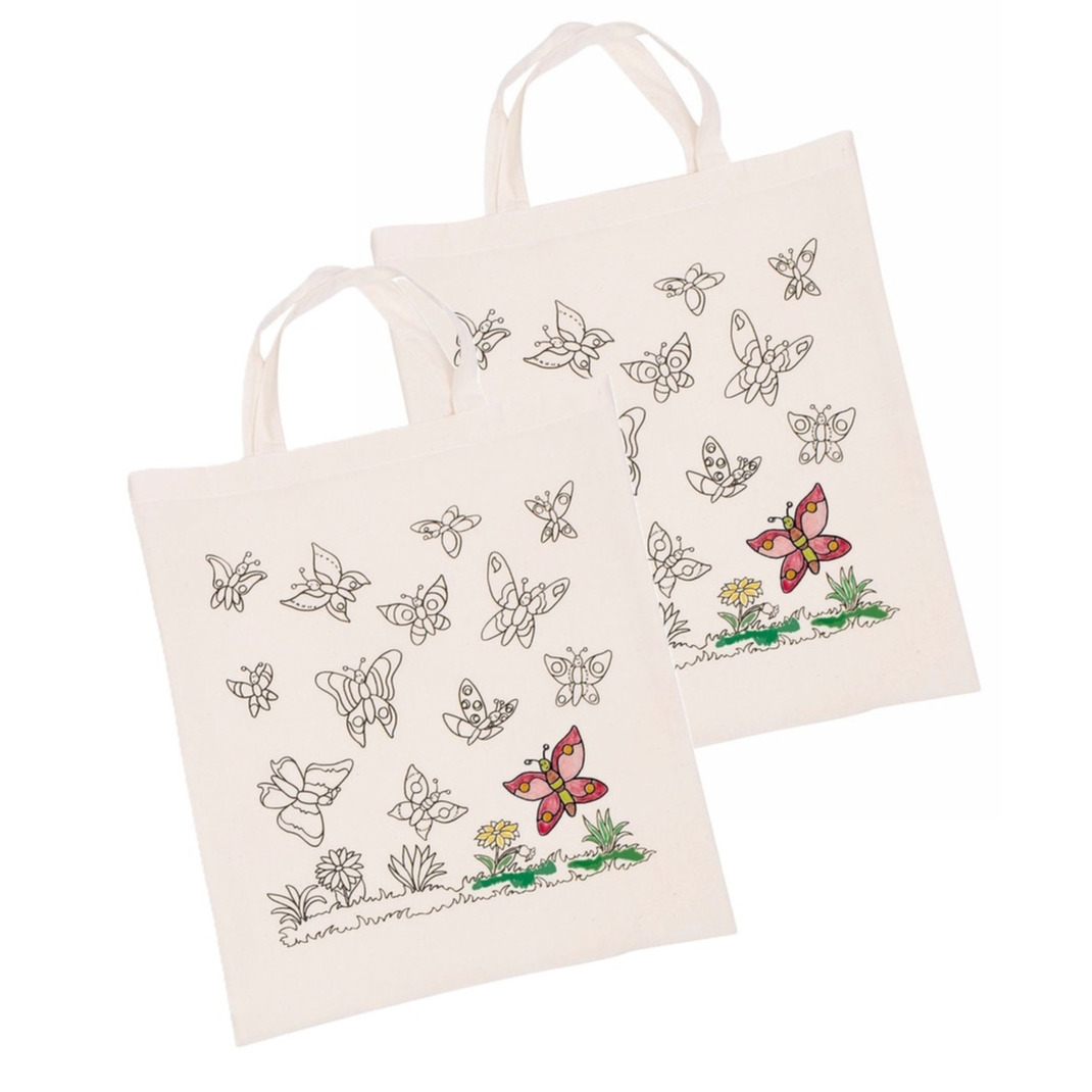 Inkleurbaar tasje DIY - 2x - vlinder motief - 38 x 42 cm - fairtrade katoen -